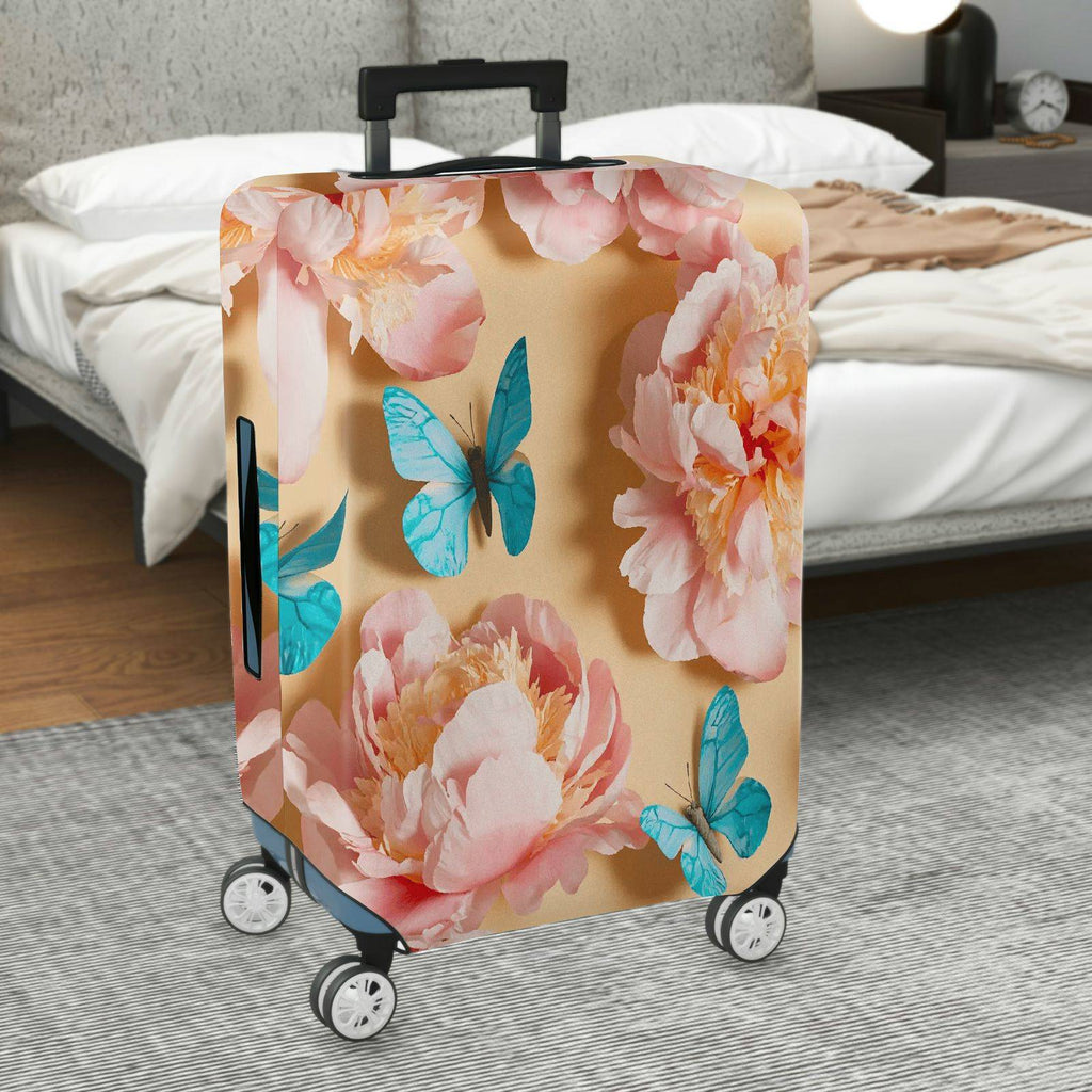 1-Piece Pink Floral Blue Butterfly Travel Holiday Luggage  Suitcase Luggage Cover, Stretch Protective Sleeve