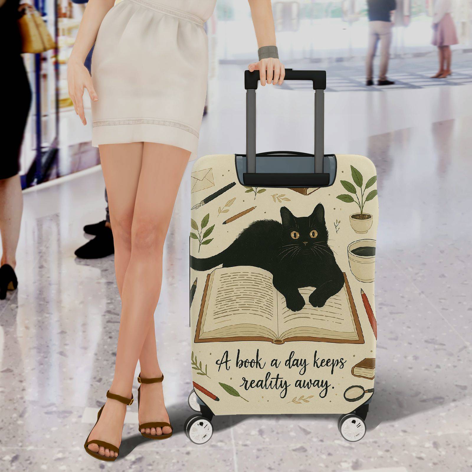 1-Piece Black Cat Book Plant Coffee Pen Artistic Vintage  Suitcase Luggage Cover, Stretch Protective Sleeve