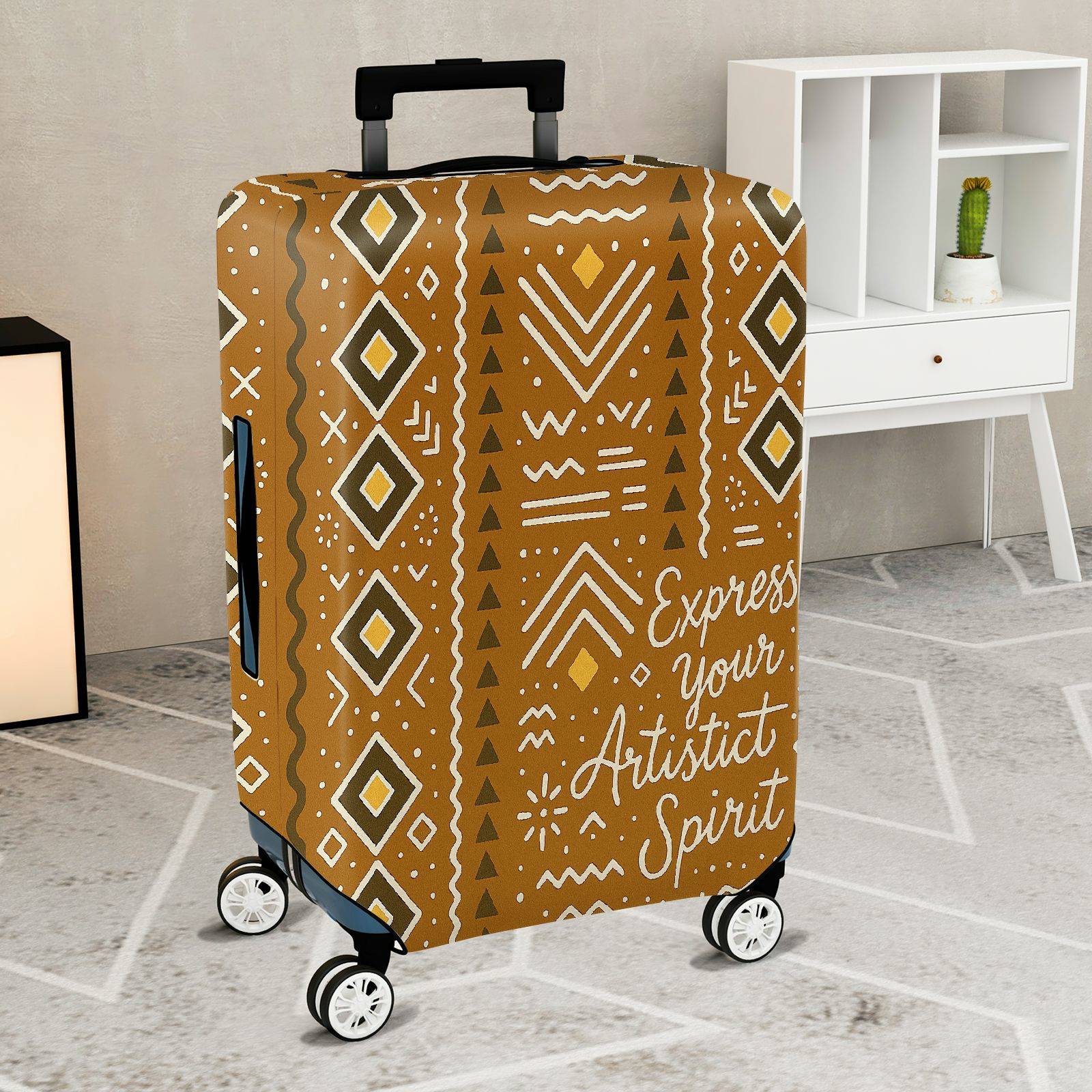 1-Piece Artistic Abstract Geometric Pattern Brown  Suitcase Luggage Cover, Stretch Protective Sleeve
