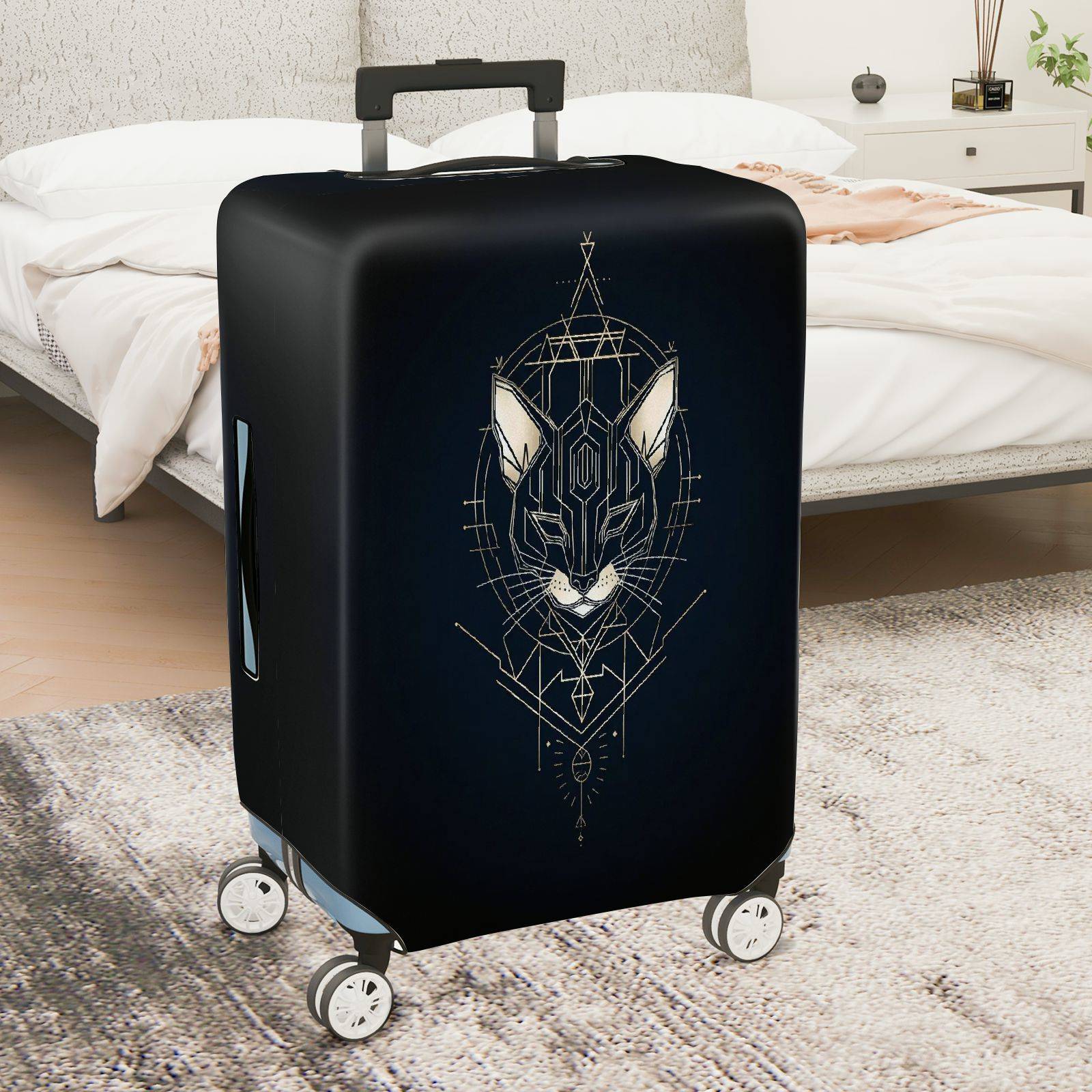 1-Piece Geometric Cat Art Design Black Modern Sleek Stylish  Suitcase Luggage Cover, Stretch Protective Sleeve