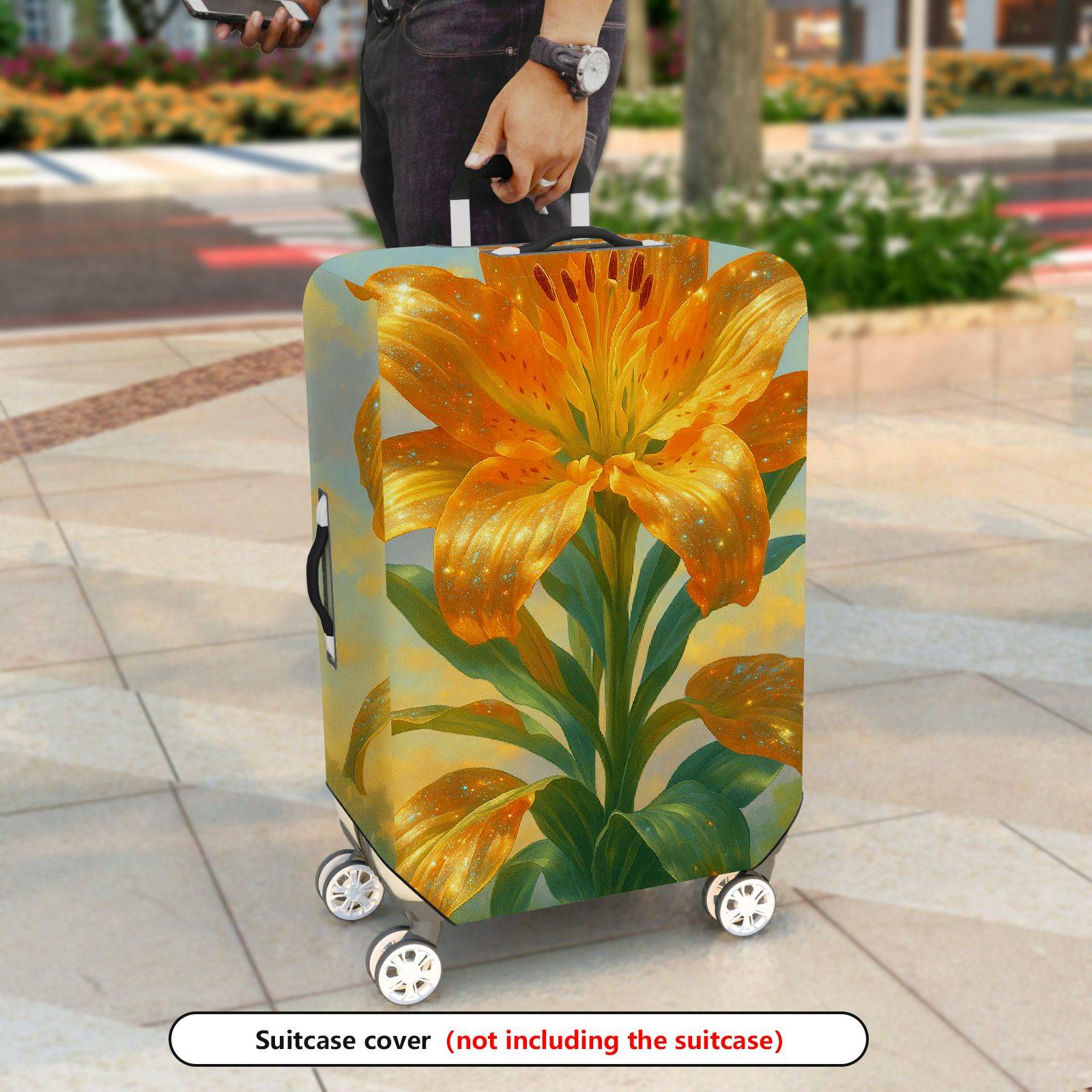 1-Piece Golden Lily Floral Vibrant Artistic Luggage  Suitcase Luggage Cover, Stretch Protective Sleeve