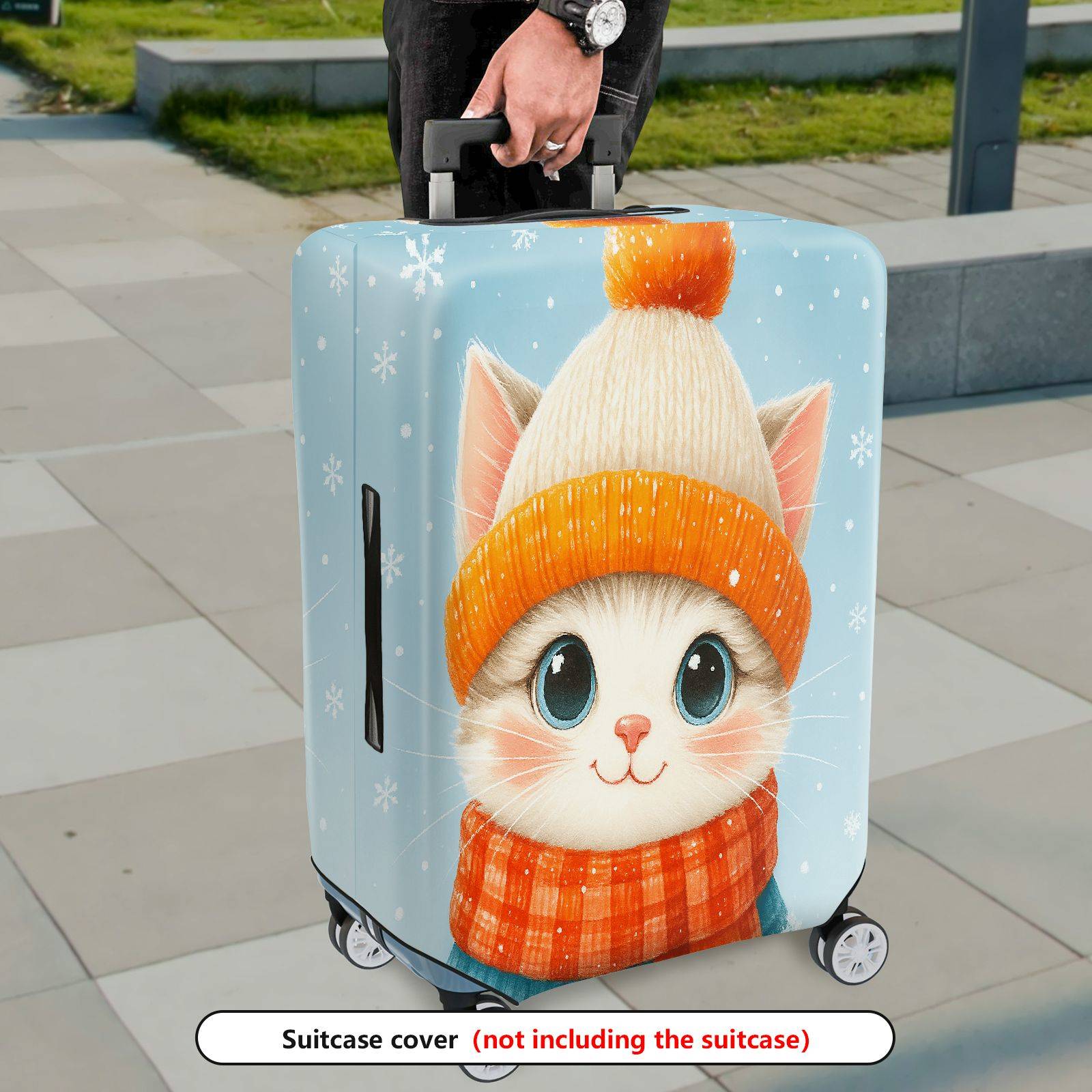 1-Piece Cute  Cat Winter Holiday Snow Fluffy Adorable  Suitcase Luggage Cover, Stretch Protective Sleeve
