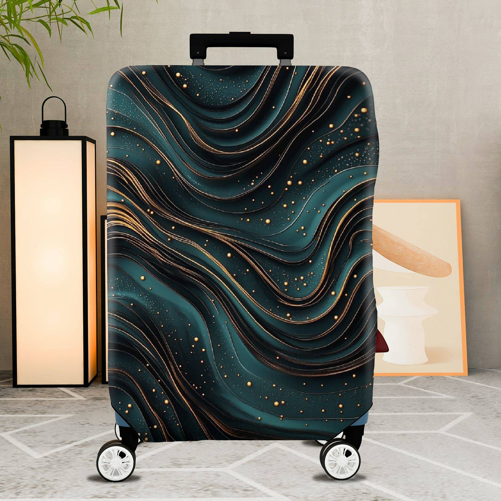 1-Piece Abstract Waves Pattern Teal Gold Artistic Modern  Suitcase Luggage Cover, Stretch Protective Sleeve