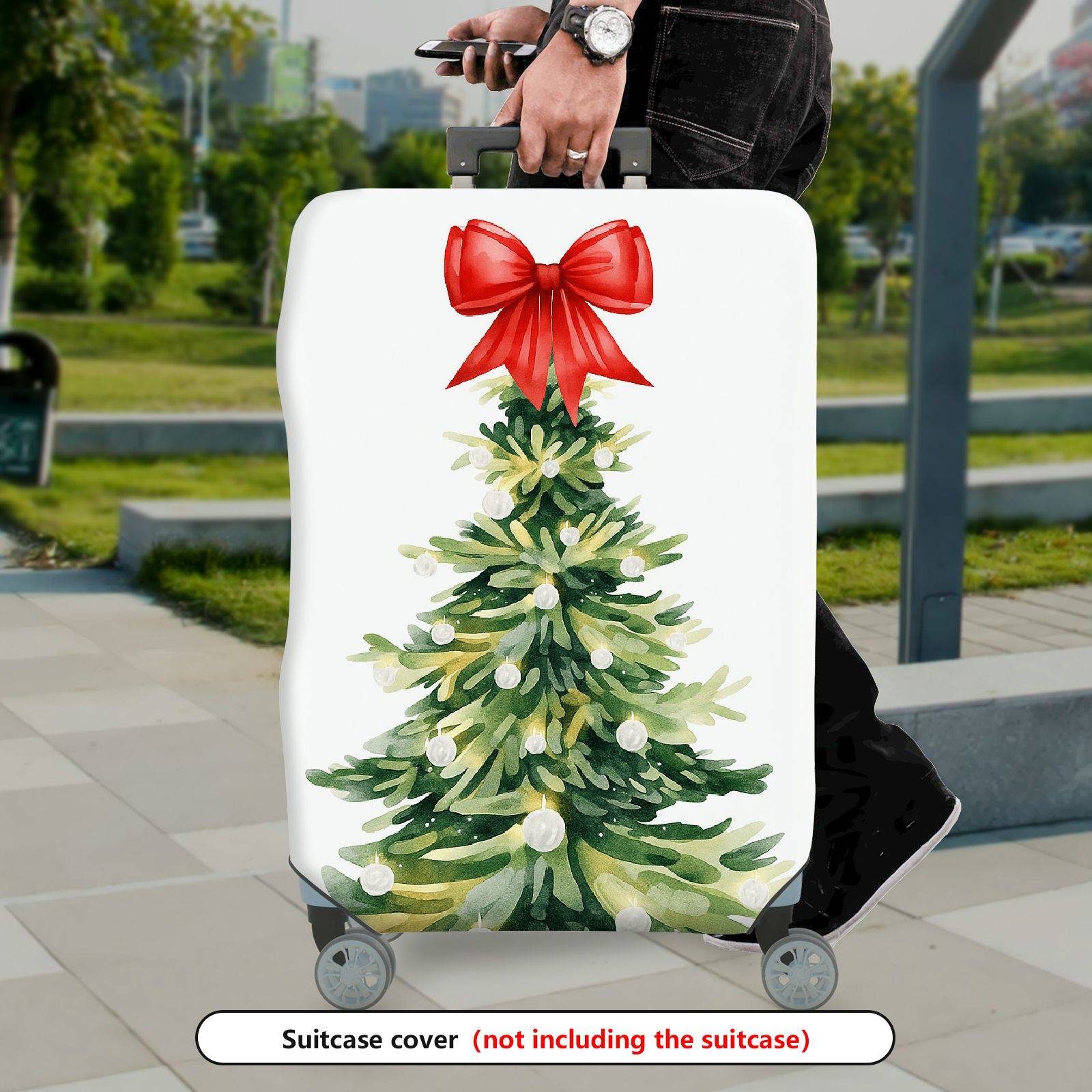 1-Piece Christmas Tree Red Ribbon Festive Holiday Luggage  Suitcase Luggage Cover, Stretch Protective Sleeve