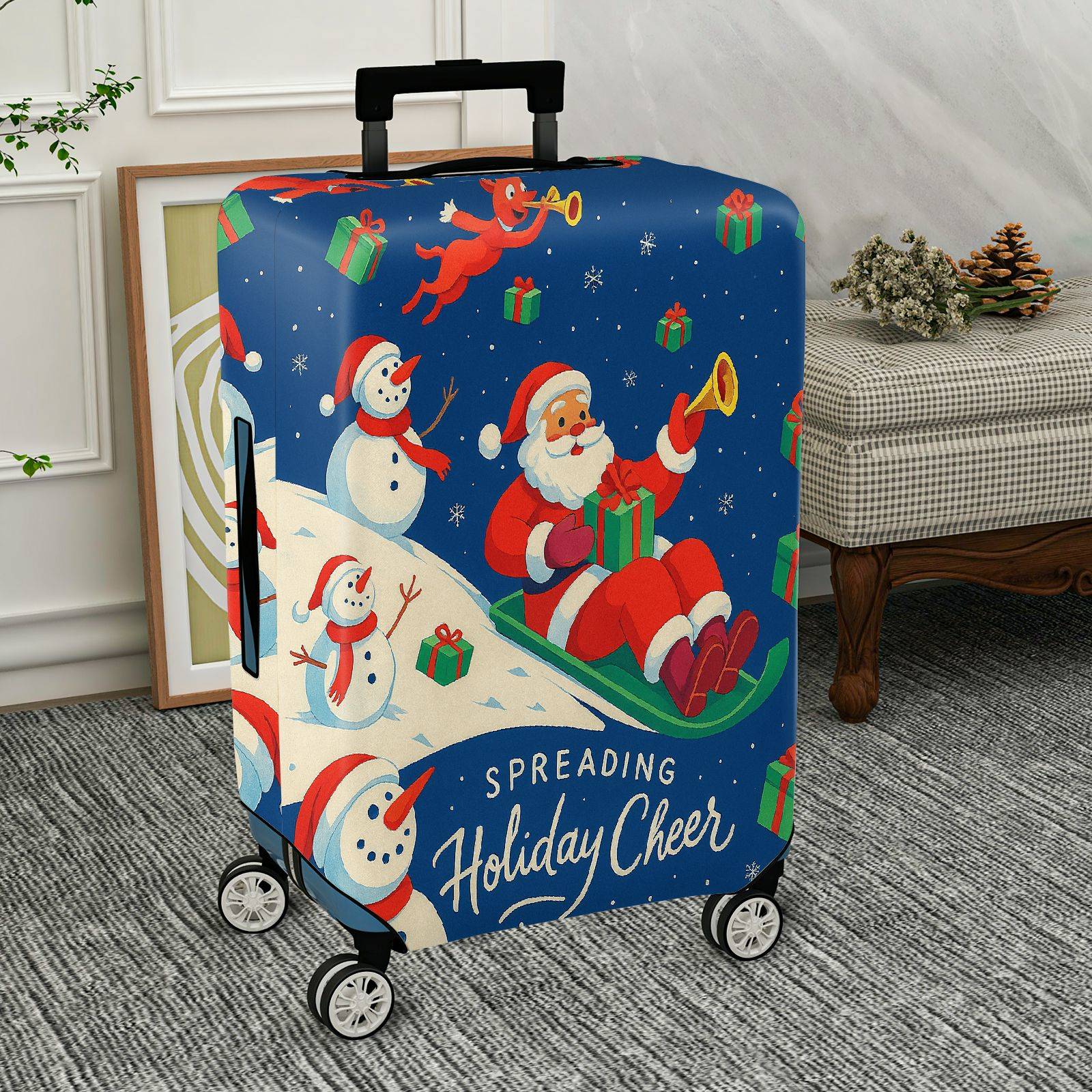 1-Piece Santa Reindeer Snowman Gifts Christmas Holiday  Suitcase Luggage Cover, Stretch Protective Sleeve