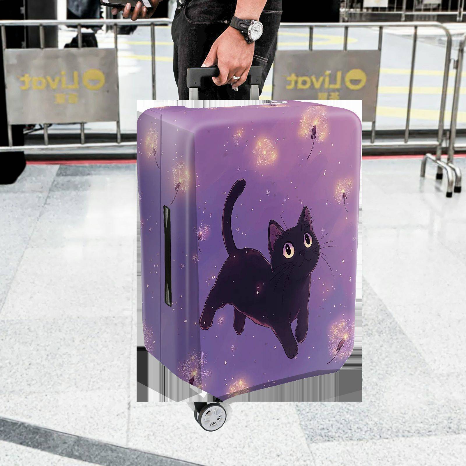 1-Piece Black Cat Dandelion Purple Cute Stylish Fun  Suitcase Luggage Cover, Stretch Protective Sleeve