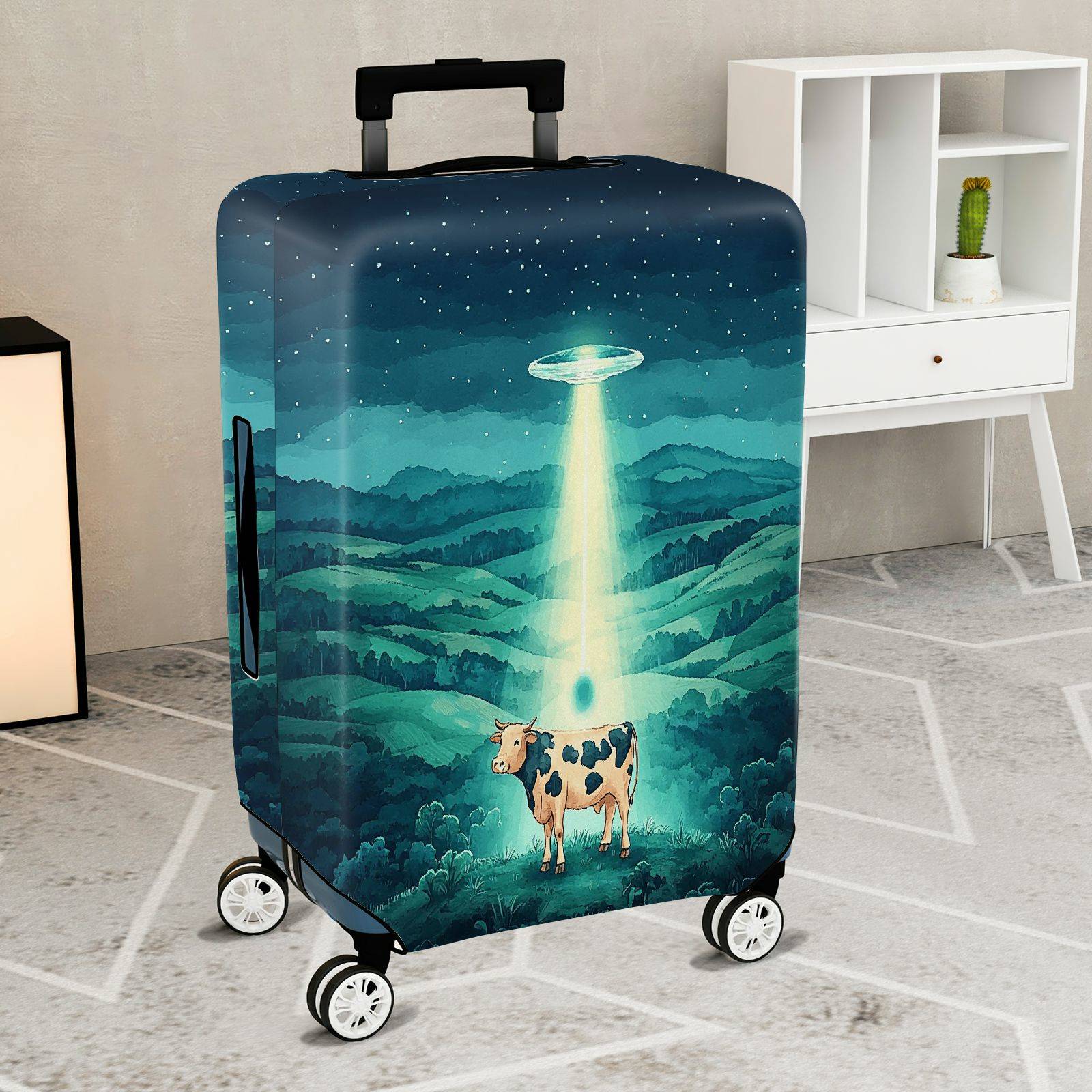 1-Piece Cow Landscape Night Sky Alien  Suitcase Luggage Cover, Stretch Protective Sleeve