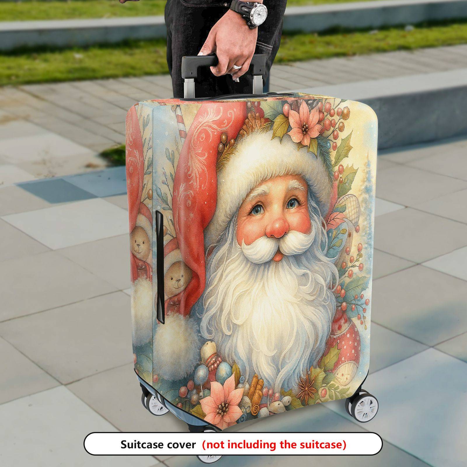 1-Piece Christmas Santa Claus Floral Holiday Winter  Suitcase Luggage Cover, Stretch Protective Sleeve