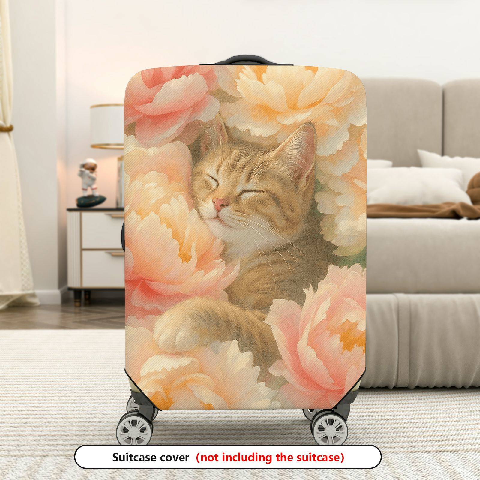 1-Piece Floral Cat Peony Blossom Nature Art  Suitcase Luggage Cover, Stretch Protective Sleeve