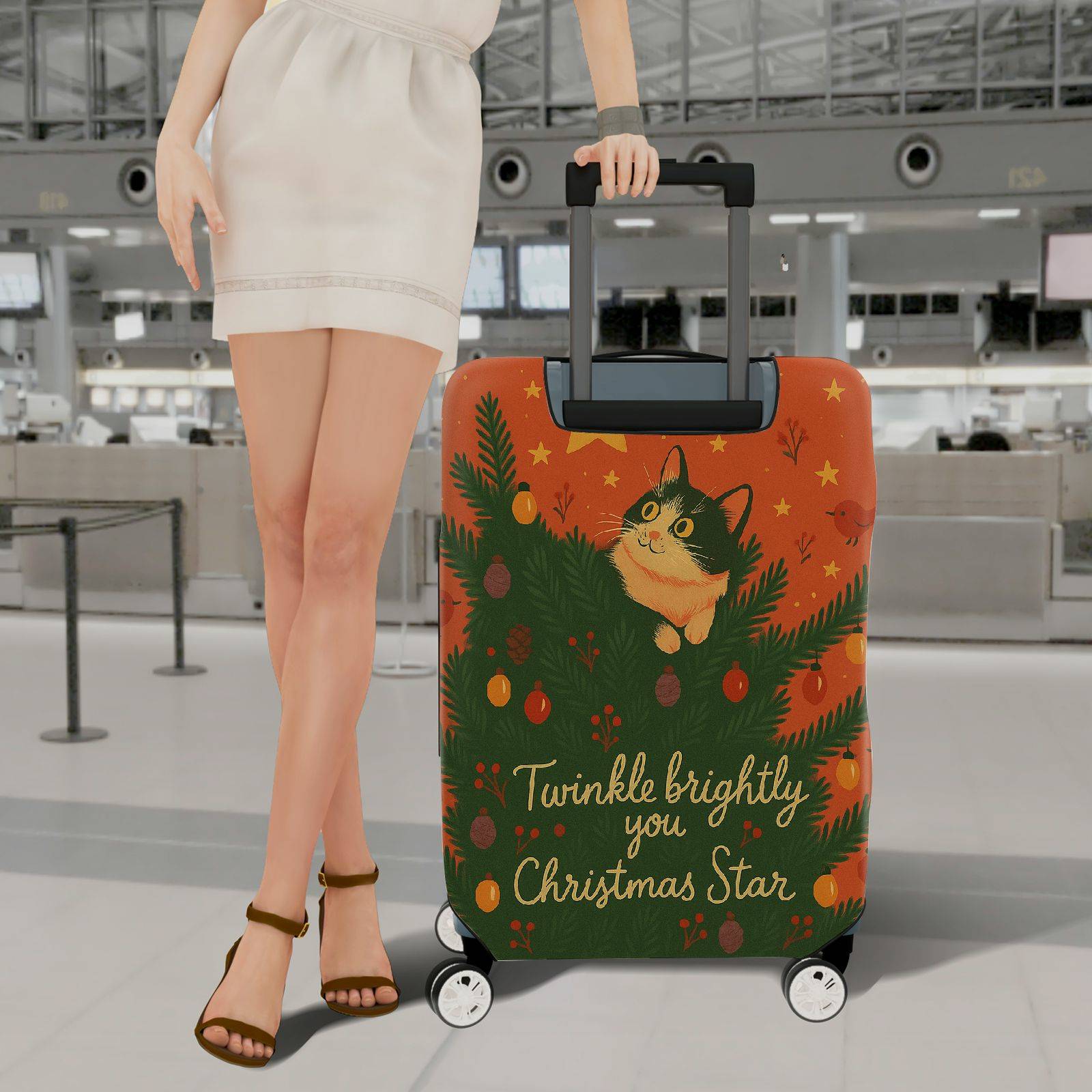 1-Piece Cat Pine Tree Star Ornament Holiday Cheer Festive  Suitcase Luggage Cover, Stretch Protective Sleeve