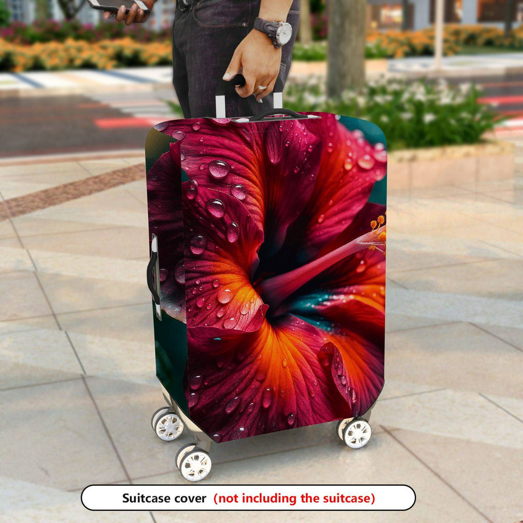 1-Piece Floral Water Droplets Red Hibiscus Vibrant Exotic  Suitcase Luggage Cover, Stretch Protective Sleeve