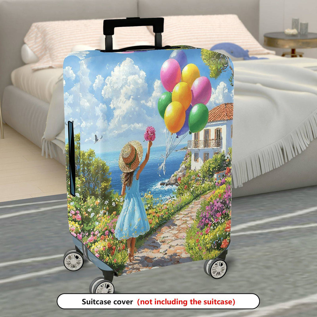 1-Piece Scenic Floral Balloon Girl Path Seaside  Suitcase Luggage Cover, Stretch Protective Sleeve