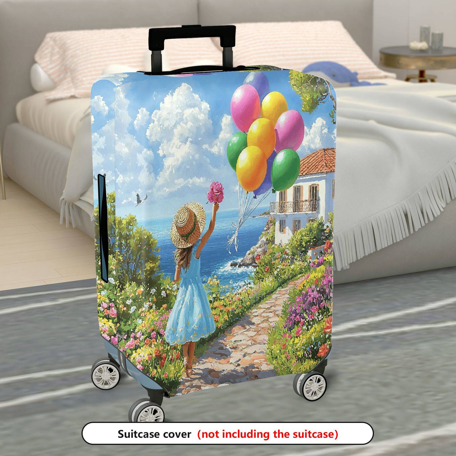 1-Piece Scenic Floral Balloon Girl Path Seaside  Suitcase Luggage Cover, Stretch Protective Sleeve