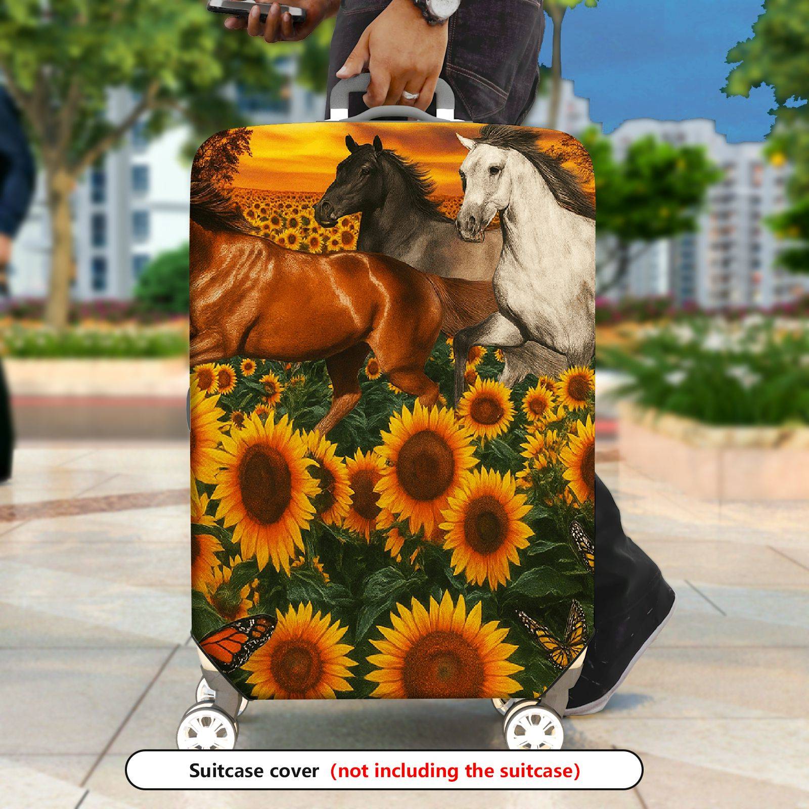 1-Piece Horse Sunflower Butterfly Sunset Landscape  Suitcase Luggage Cover, Stretch Protective Sleeve