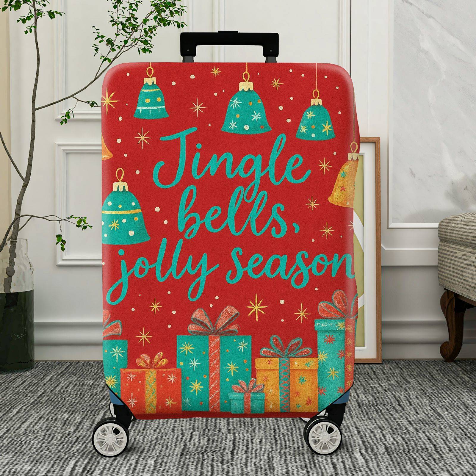 1-Piece Christmas Holiday Festive Bells Gifts  Suitcase Luggage Cover, Stretch Protective Sleeve