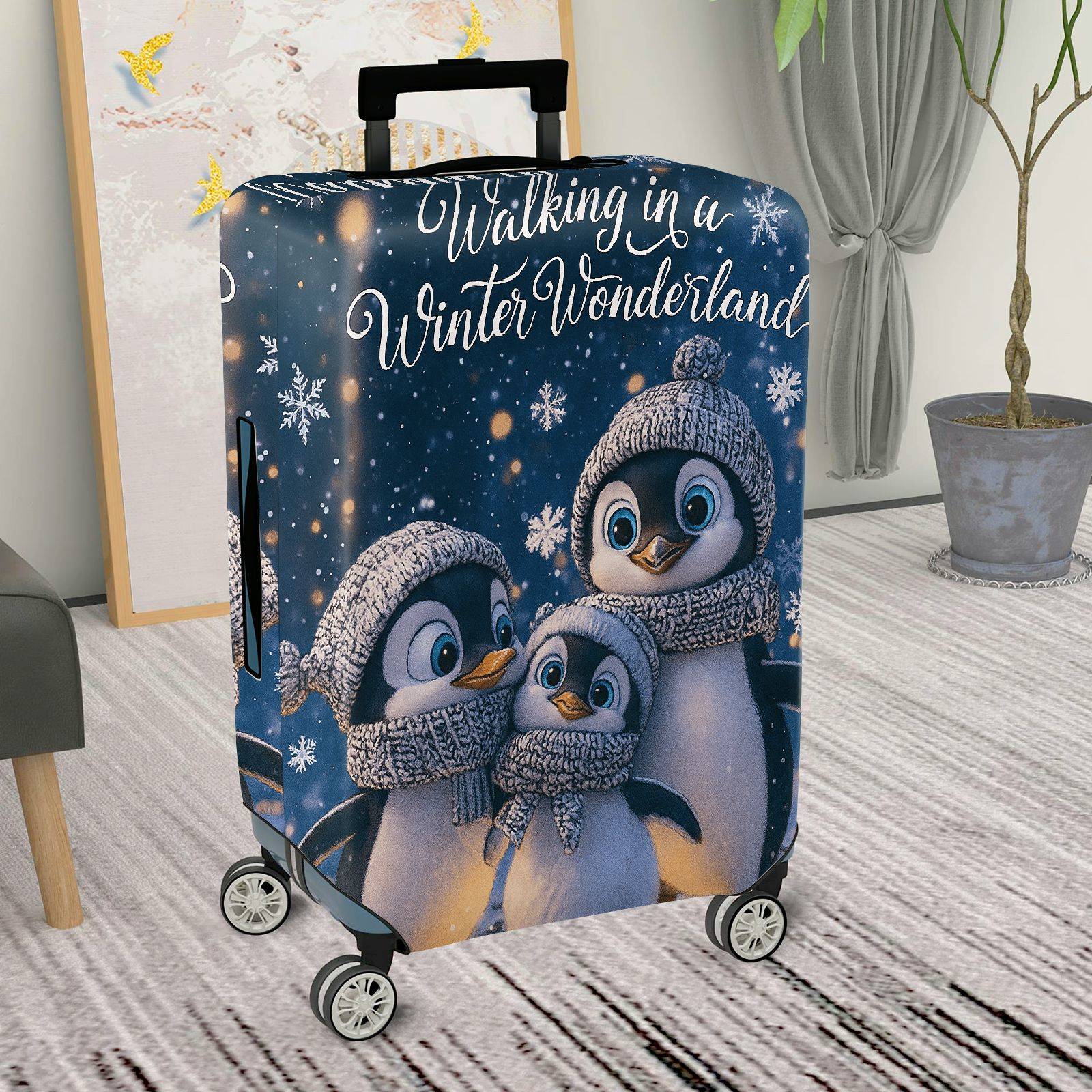 1-Piece Winter Wonderland Penguin Snowflake Blue Cute  Suitcase Luggage Cover, Stretch Protective Sleeve