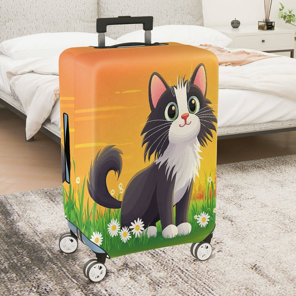 1-Piece Cute Cat Daisy Floral Orange Artistic Graphic  Suitcase Luggage Cover, Stretch Protective Sleeve