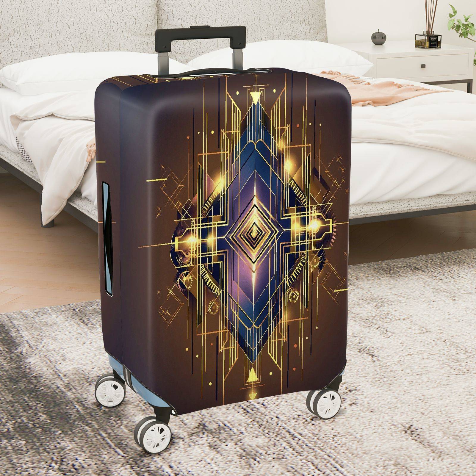 1-Piece Geometric Abstract Gold Line Art Deco Stylish Dark  Suitcase Luggage Cover, Stretch Protective Sleeve
