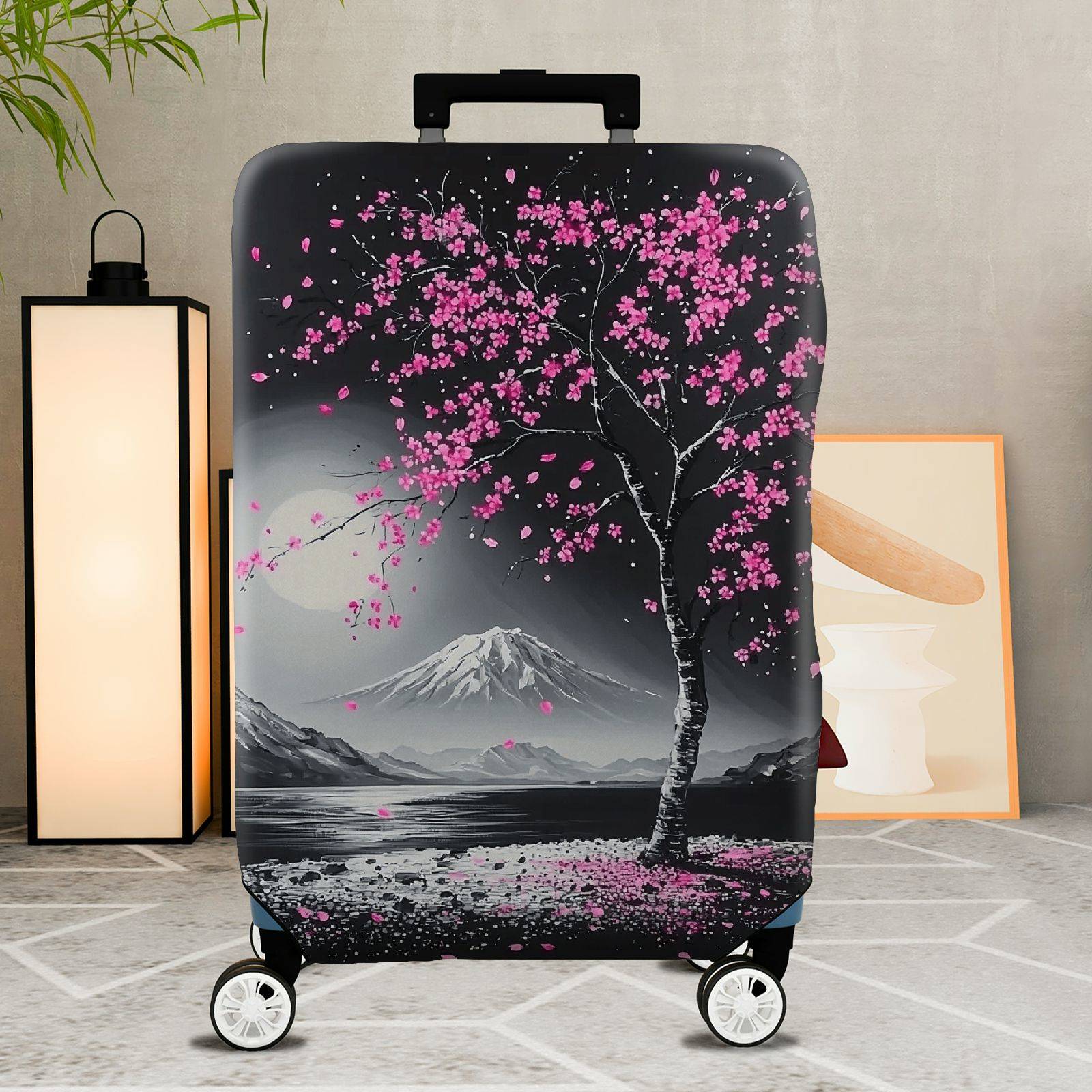 1-Piece Cherry Blossom Mountain Moon Scenic Artistic Nature Landscape  Suitcase Luggage Cover, Stretch Protective Sleeve