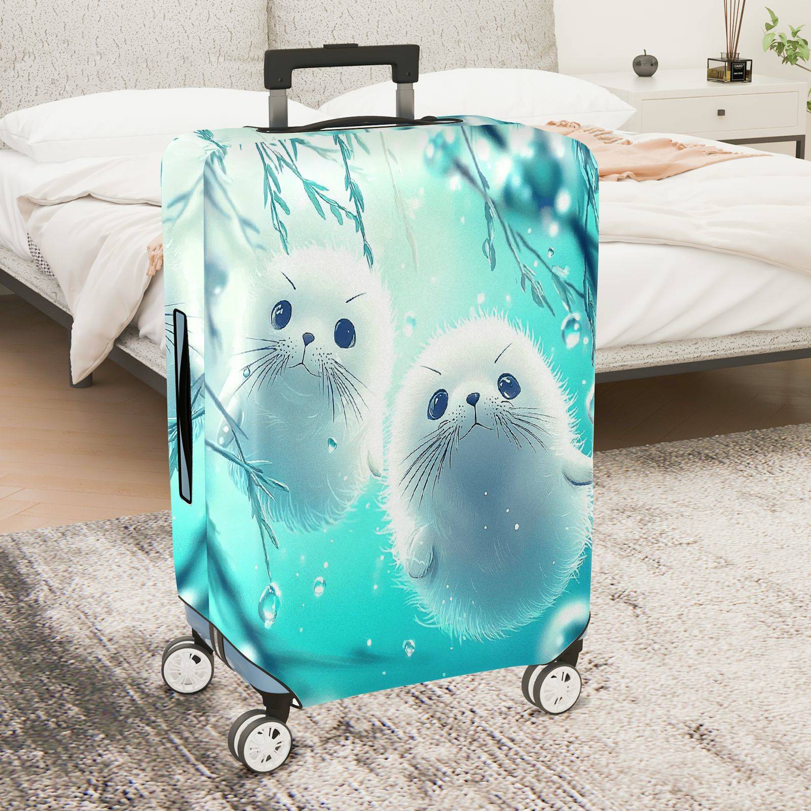 1-Piece Cute Seal Ocean Blue Raindrop Artful  Suitcase Luggage Cover, Stretch Protective Sleeve