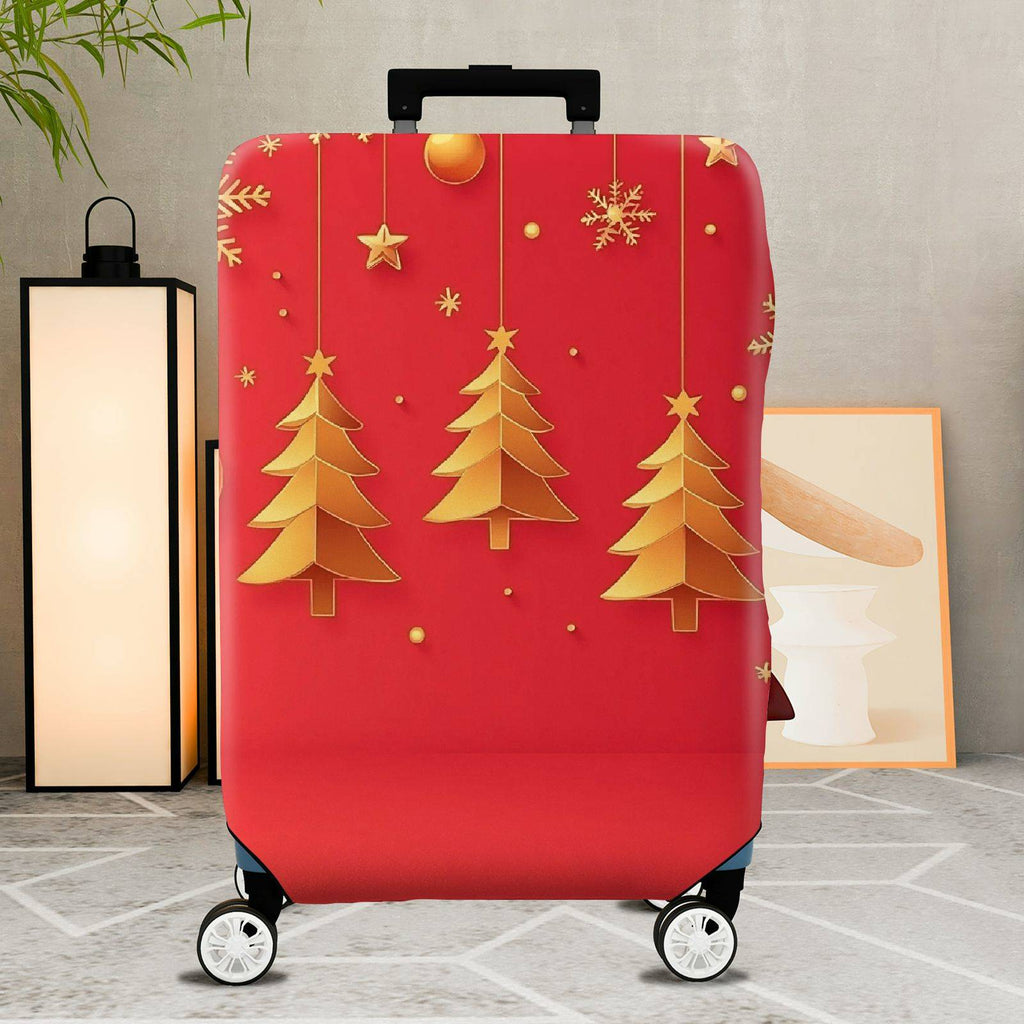 1-Piece Red Gold Christmas Tree Snowflake Ornament Holiday  Suitcase Luggage Cover, Stretch Protective Sleeve