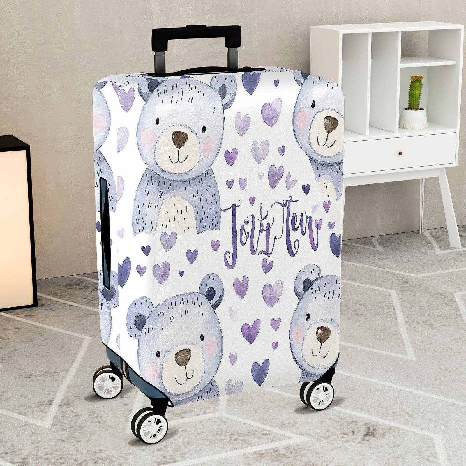 1-Piece Cute Bear Purple Heart  Travel  Suitcase Luggage Cover, Stretch Protective Sleeve