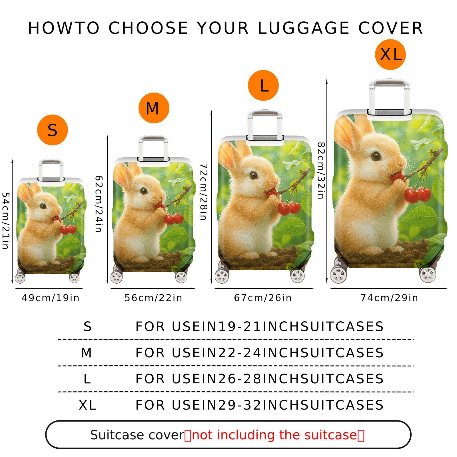 1-Piece Rabbit Cherry Green Nature Cute  Suitcase Luggage Cover, Stretch Protective Sleeve
