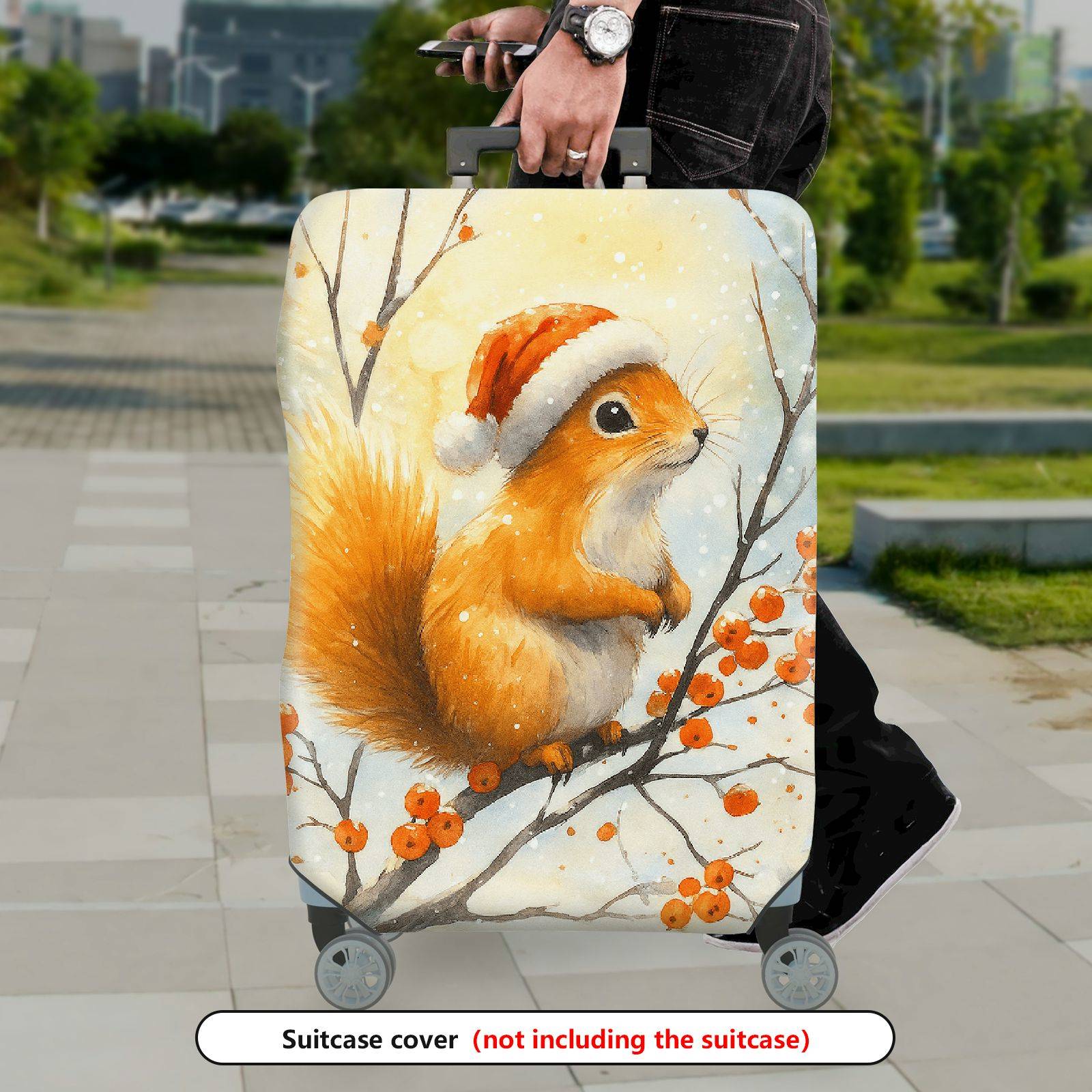 1-Piece Christmas Holiday Snow Squirrel Orange Berry  Suitcase Luggage Cover, Stretch Protective Sleeve