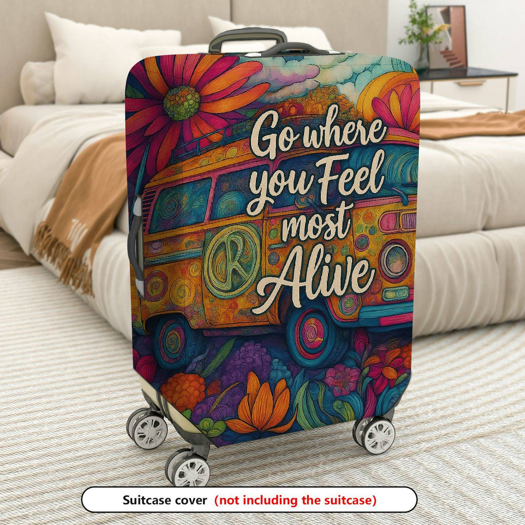 1-Piece Adventure Quote Floral Retro Van Colorful Artistic  Suitcase Luggage Cover, Stretch Protective Sleeve
