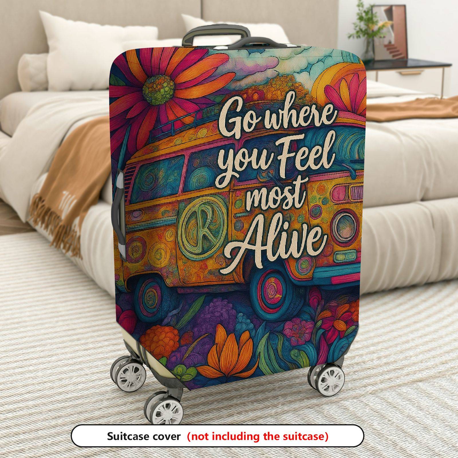 1-Piece Adventure Quote Floral Retro Van Colorful Artistic  Suitcase Luggage Cover, Stretch Protective Sleeve