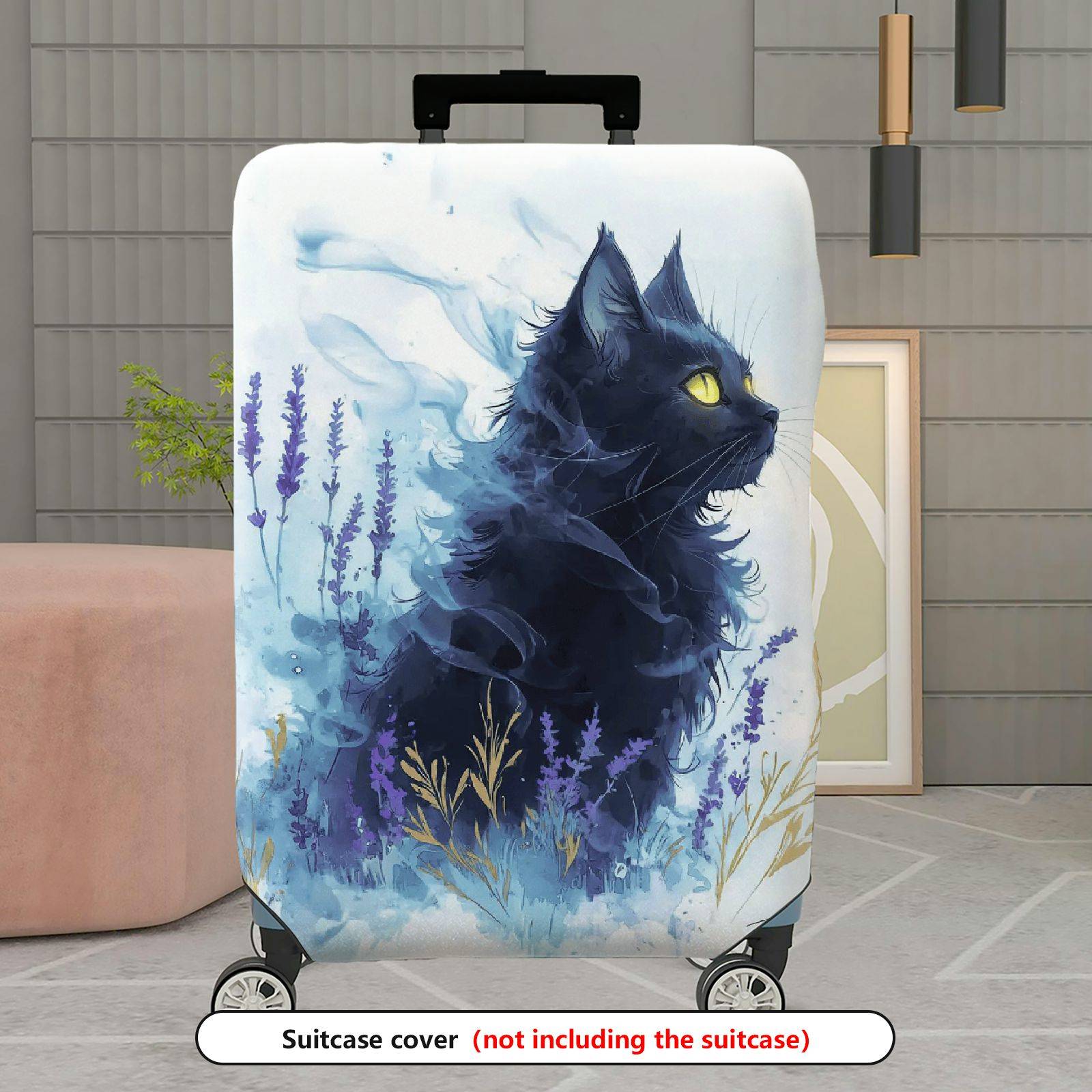 1-Piece Black Cat Lavender Abstract Art Floral  Suitcase Luggage Cover, Stretch Protective Sleeve