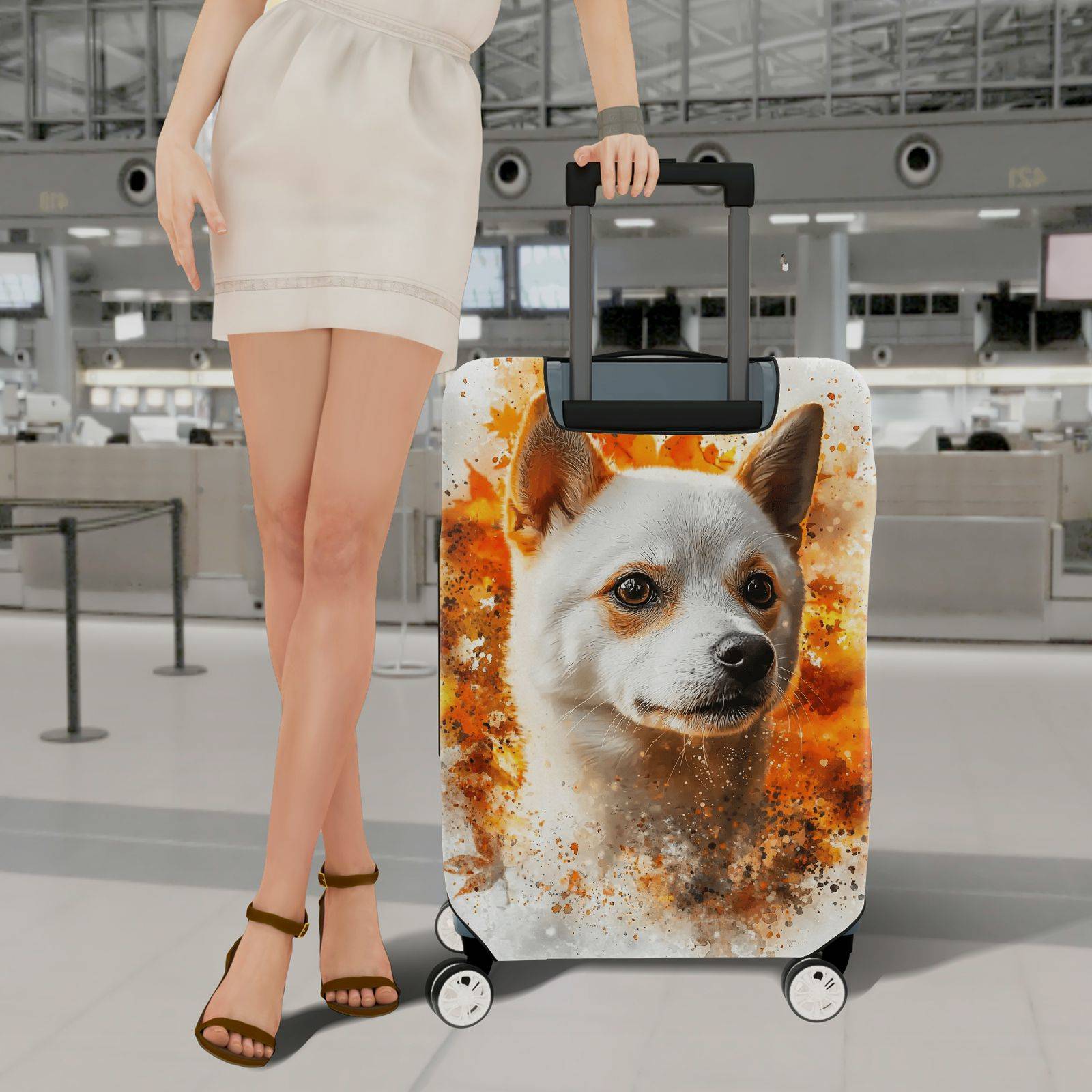 1-Piece Cute Dog Autumn Leaves Artistic Abstract Orange  Suitcase Luggage Cover, Stretch Protective Sleeve