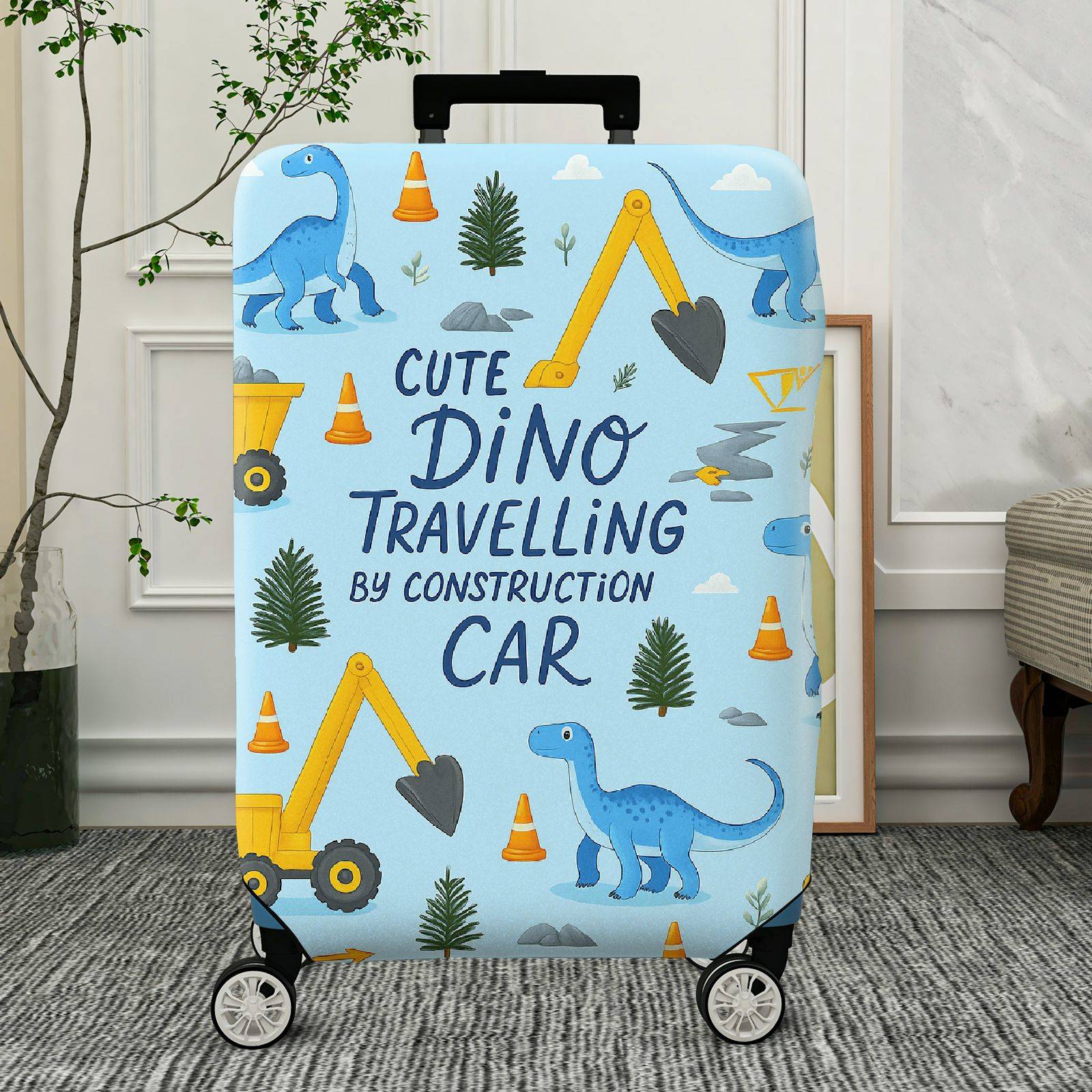 1-Piece Cute Dino Construction Car Travel Holiday Fun  Suitcase Luggage Cover, Stretch Protective Sleeve