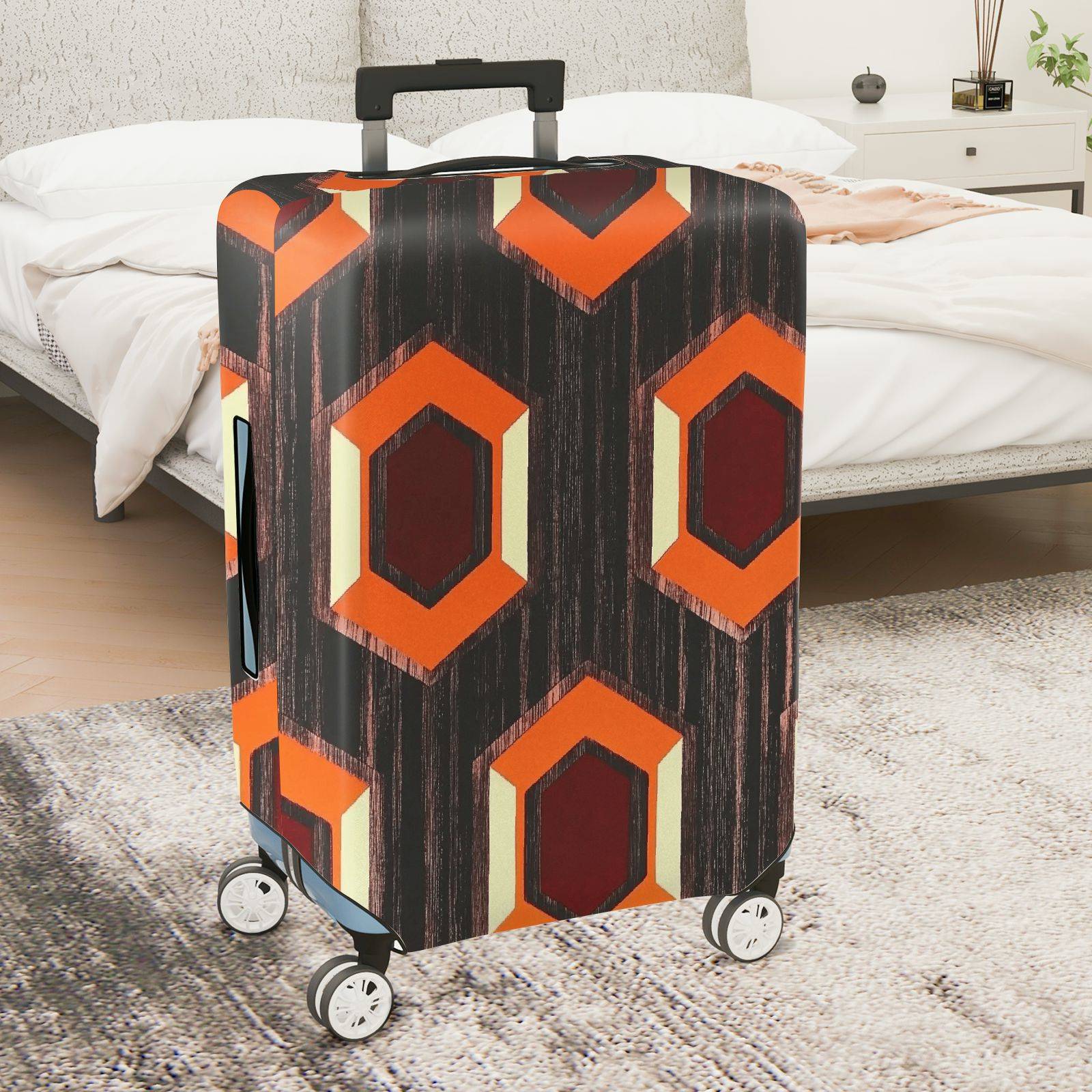 1-Piece Geometric Pattern Orange Brown Hexagon Retro Vintage  Suitcase Luggage Cover, Stretch Protective Sleeve