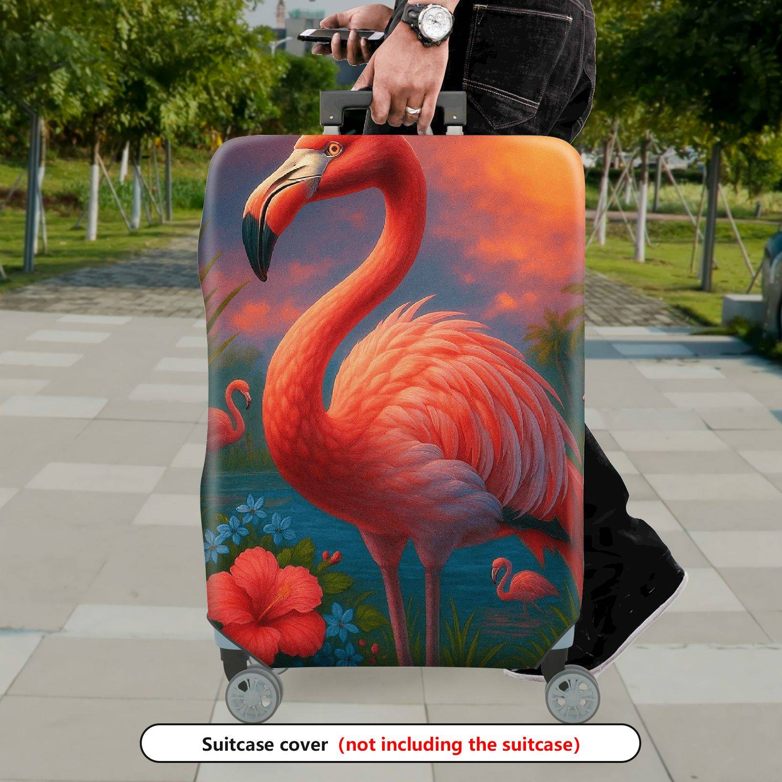 1-Piece Tropical Flamingo Sunset Landscape Hibiscus  Suitcase Luggage Cover, Stretch Protective Sleeve