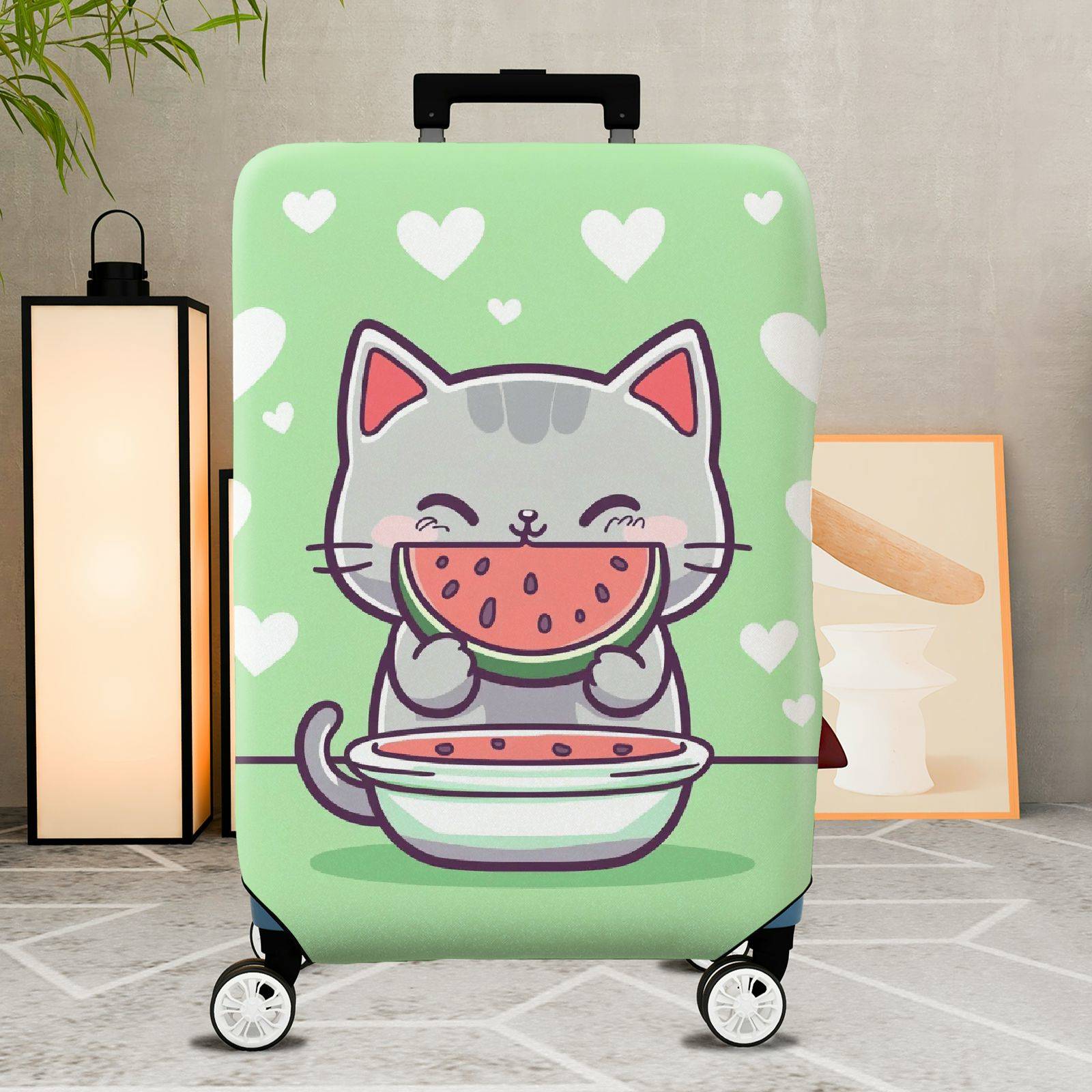 1-Piece Cute Cat Watermelon Heart Green Fun  Suitcase Luggage Cover, Stretch Protective Sleeve