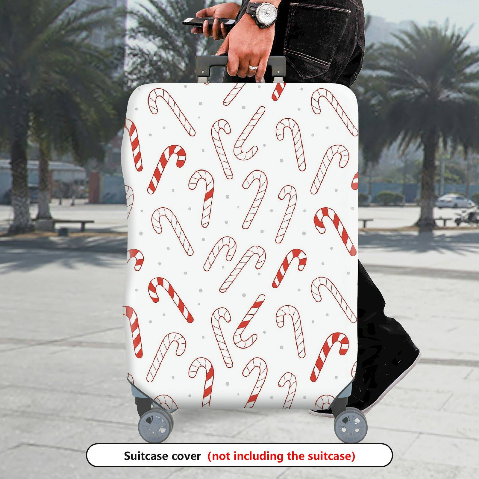 1-Piece Christmas Candy Cane Holiday Snow Festive  Suitcase Luggage Cover, Stretch Protective Sleeve