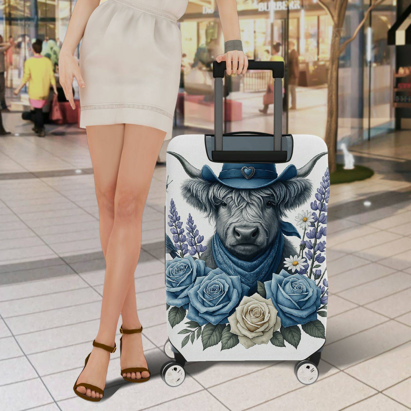 1-Piece Cowboy Cow Floral Butterfly Nature Bird  Suitcase Luggage Cover, Stretch Protective Sleeve