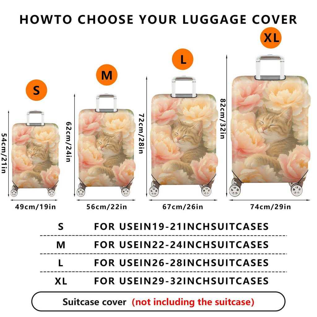1-Piece Floral Cat Peony Blossom Nature Art  Suitcase Luggage Cover, Stretch Protective Sleeve