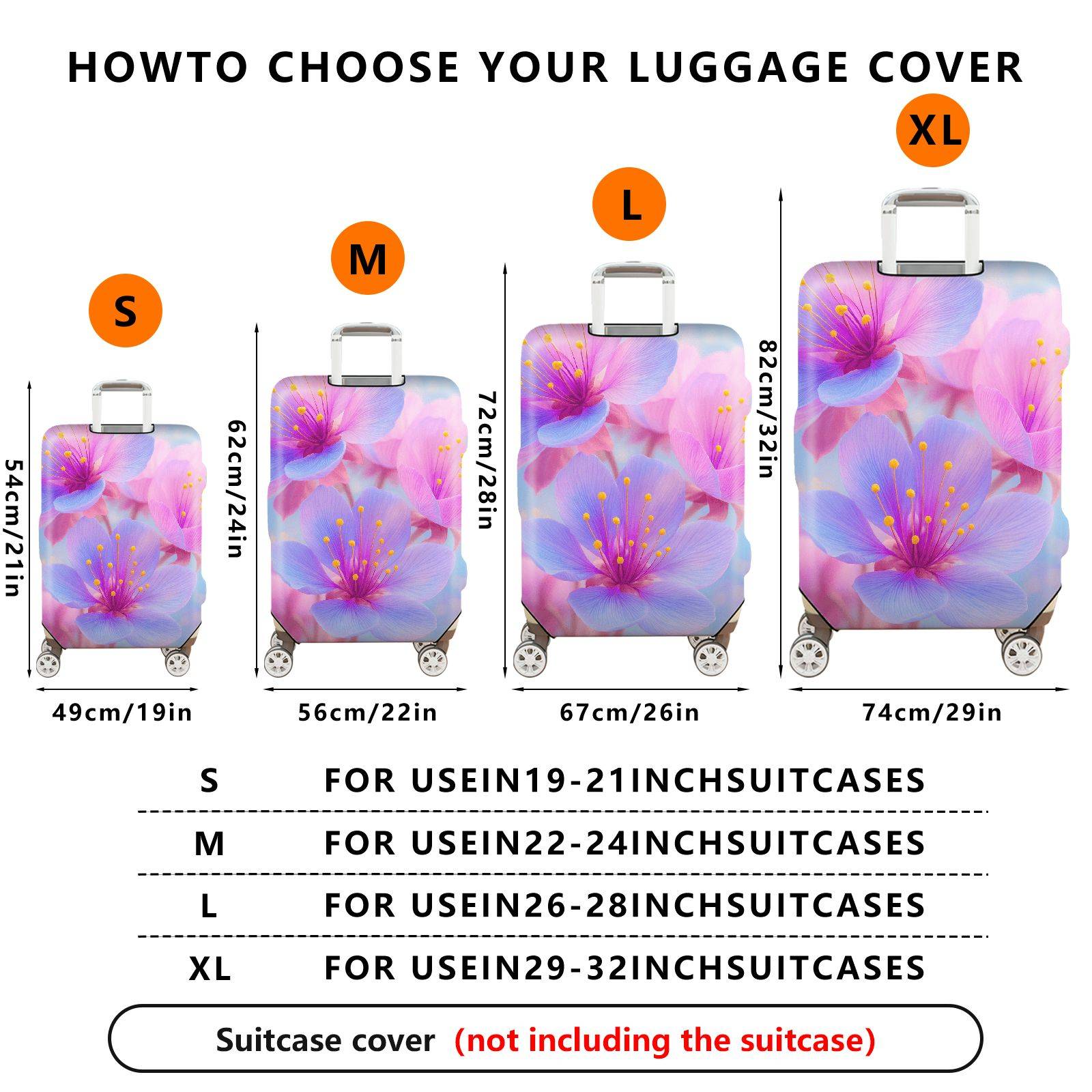 1-Piece Cherry Blossom Floral Pink Purple Yellow  Suitcase Luggage Cover, Stretch Protective Sleeve