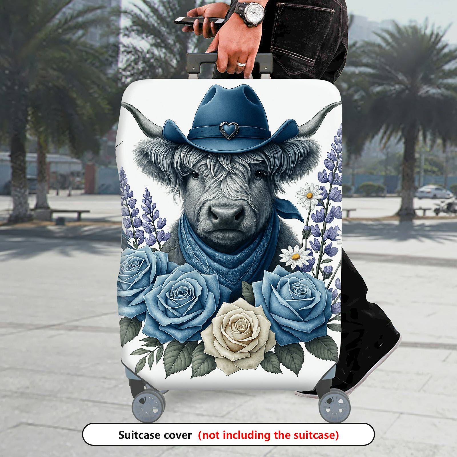 1-Piece Cowboy Cow Floral Butterfly Nature Bird  Suitcase Luggage Cover, Stretch Protective Sleeve