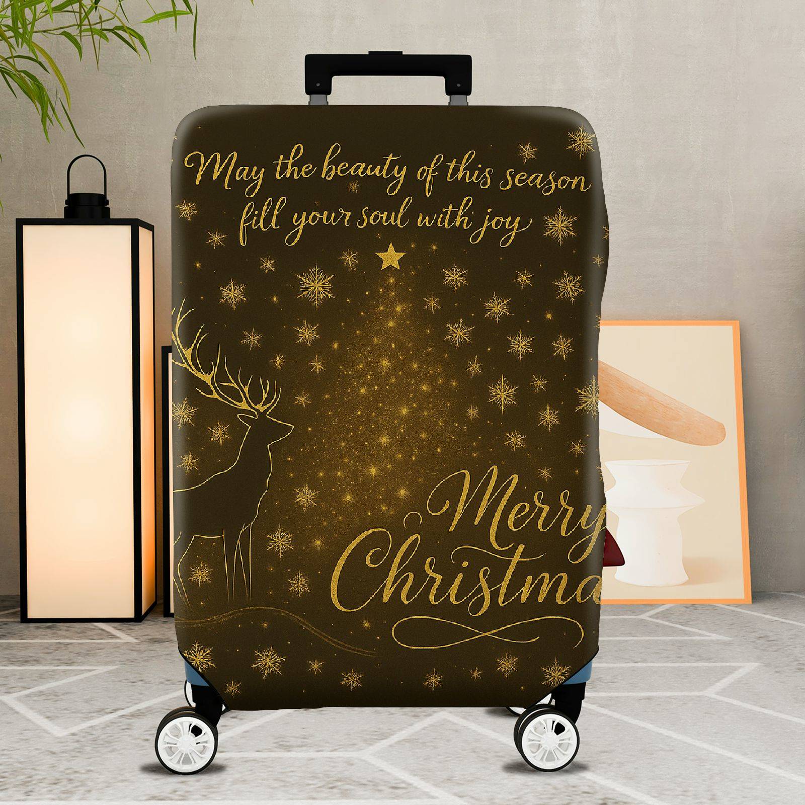 1-Piece Reindeer Snowflakes Gold Merry Christmas Holiday  Suitcase Luggage Cover, Stretch Protective Sleeve