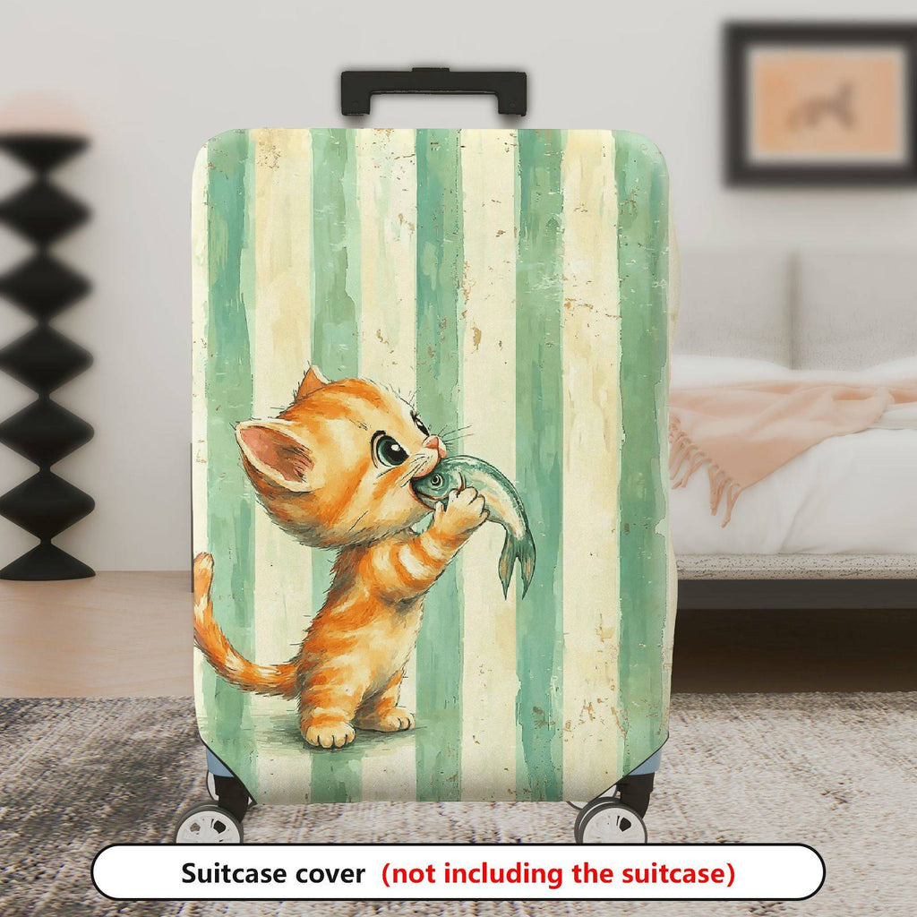 1-Piece Cute Orange Kitten Holding Fish Striped Pattern  Suitcase Luggage Cover, Stretch Protective Sleeve