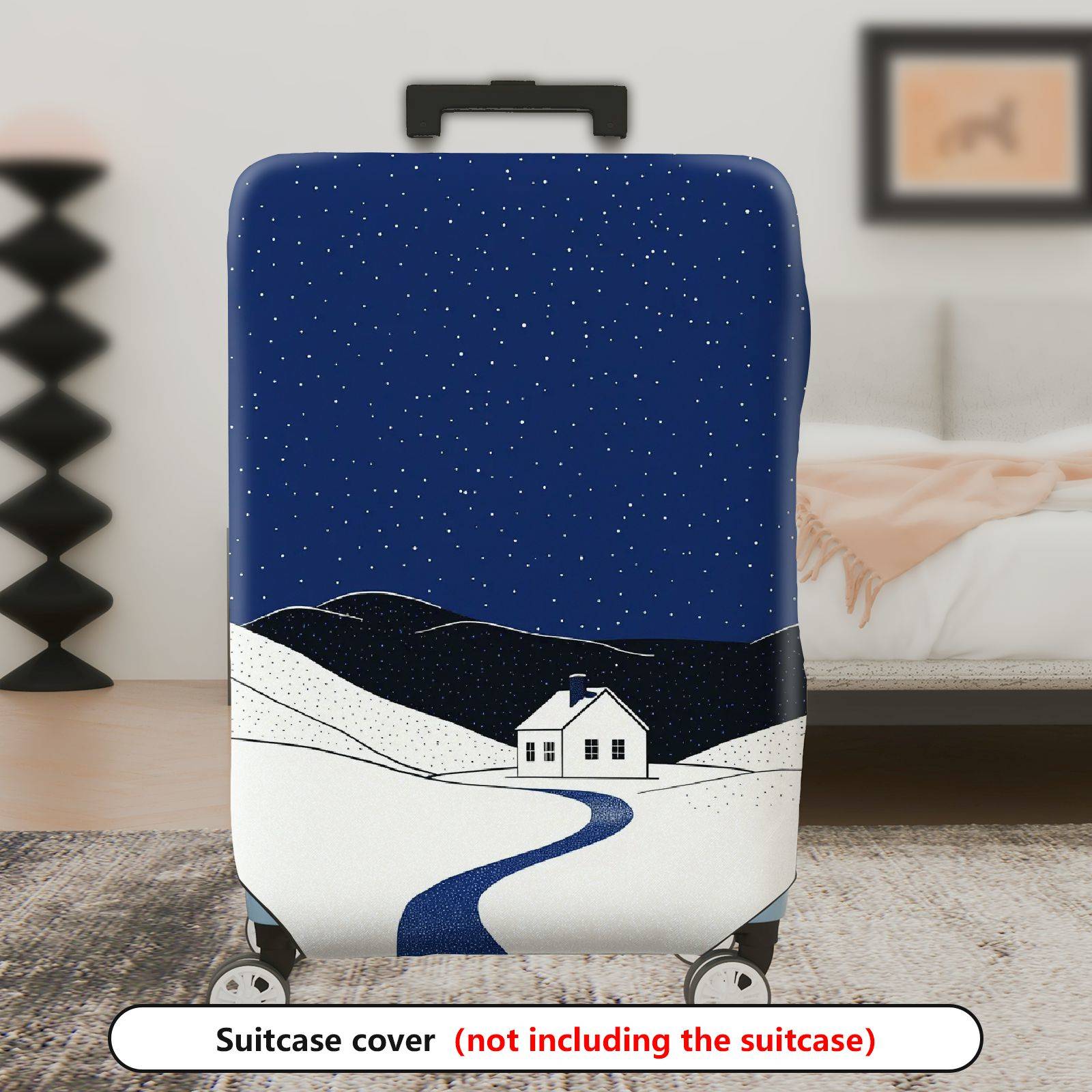 1-Piece Snowy Night Winter Holiday House Scenic Blue  Suitcase Luggage Cover, Stretch Protective Sleeve
