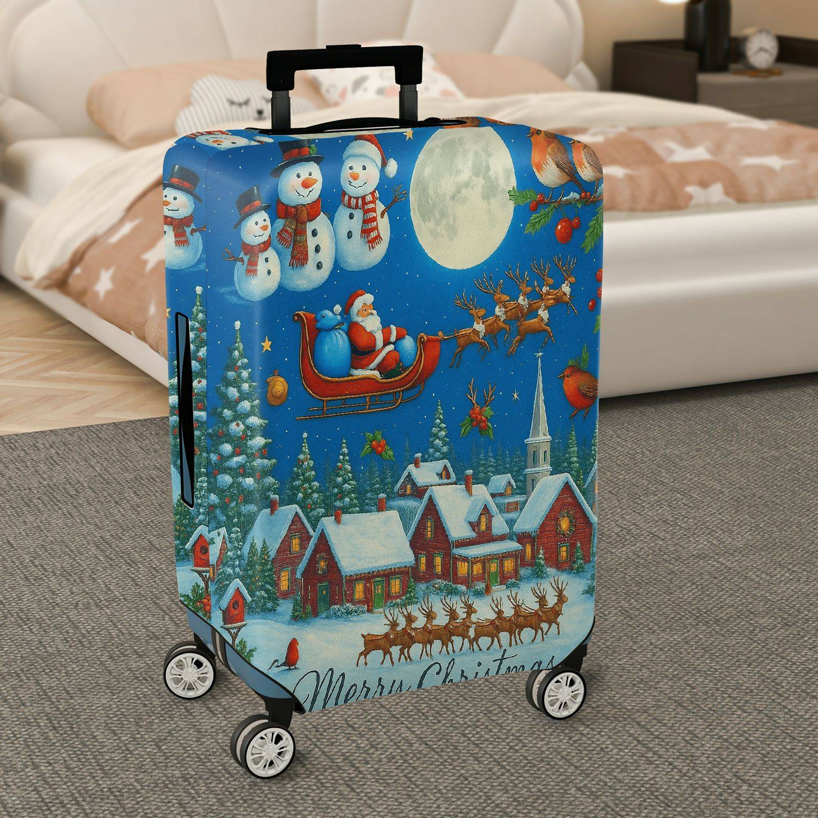 1-Piece Christmas Winter Santa Snowman Reindeer Holiday  Suitcase Luggage Cover, Stretch Protective Sleeve