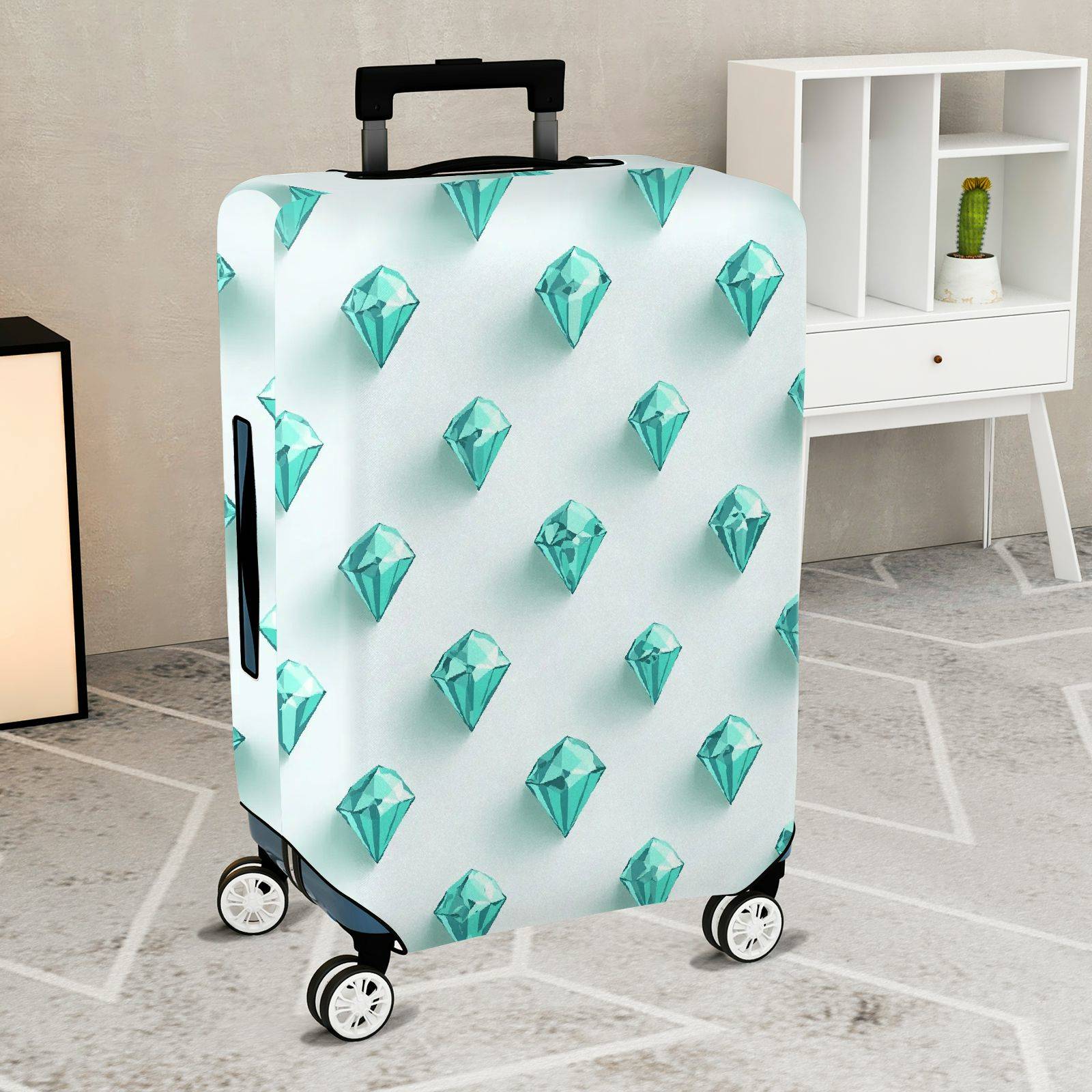 1-Piece Diamond Geometric Pattern Turquoise Blue White Chic  Suitcase Luggage Cover, Stretch Protective Sleeve