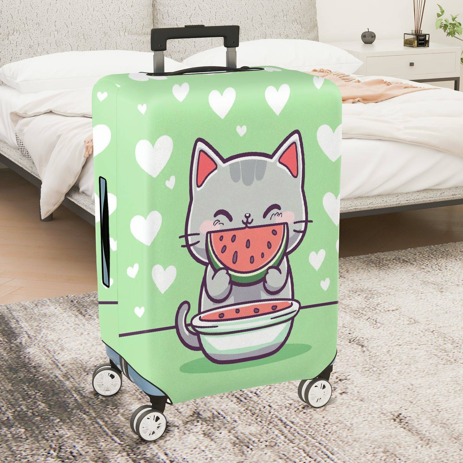1-Piece Cute Cat Watermelon Heart Green Fun  Suitcase Luggage Cover, Stretch Protective Sleeve