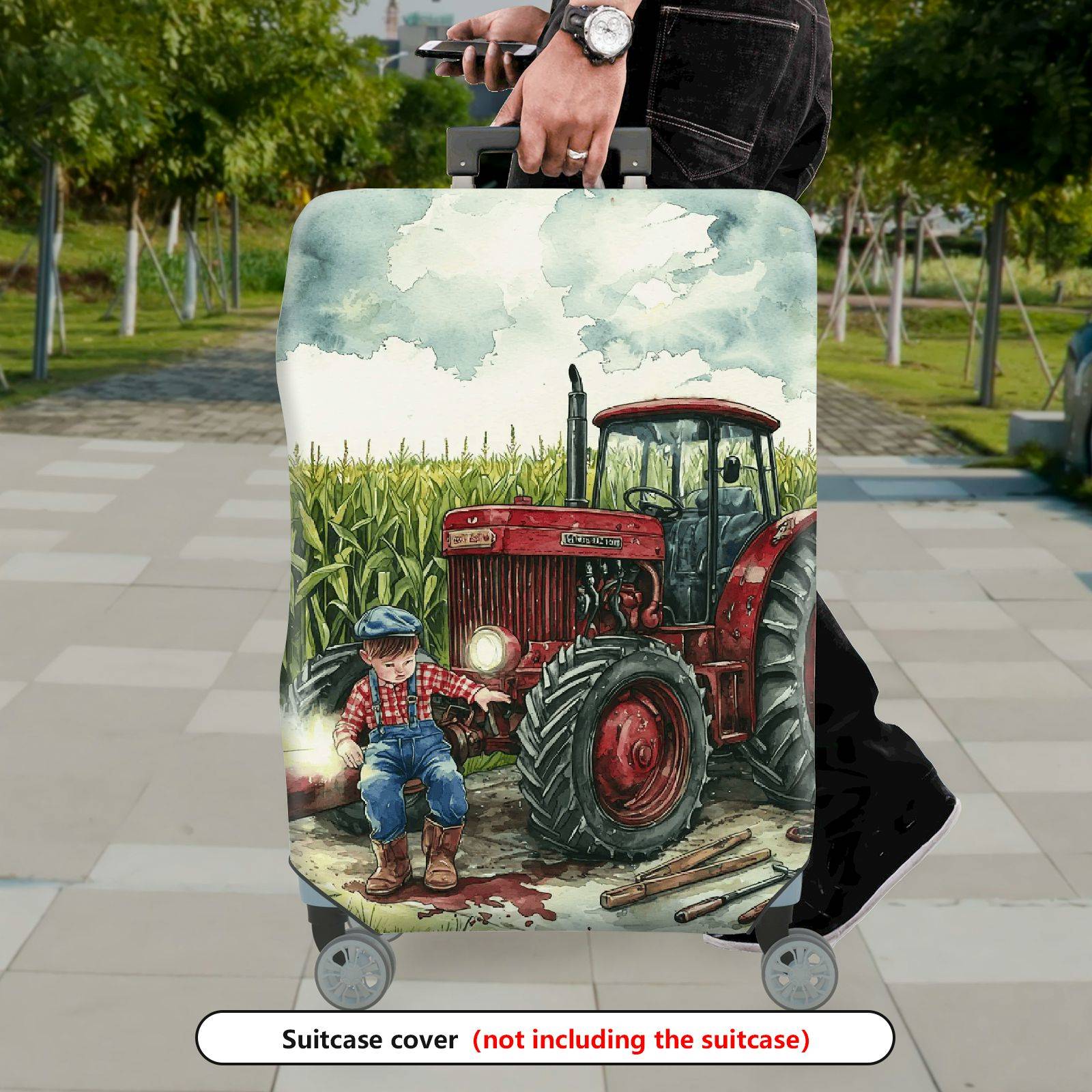 1-Piece Rustic Farm Tractor Countryside Landscape Harvest  Suitcase Luggage Cover, Stretch Protective Sleeve