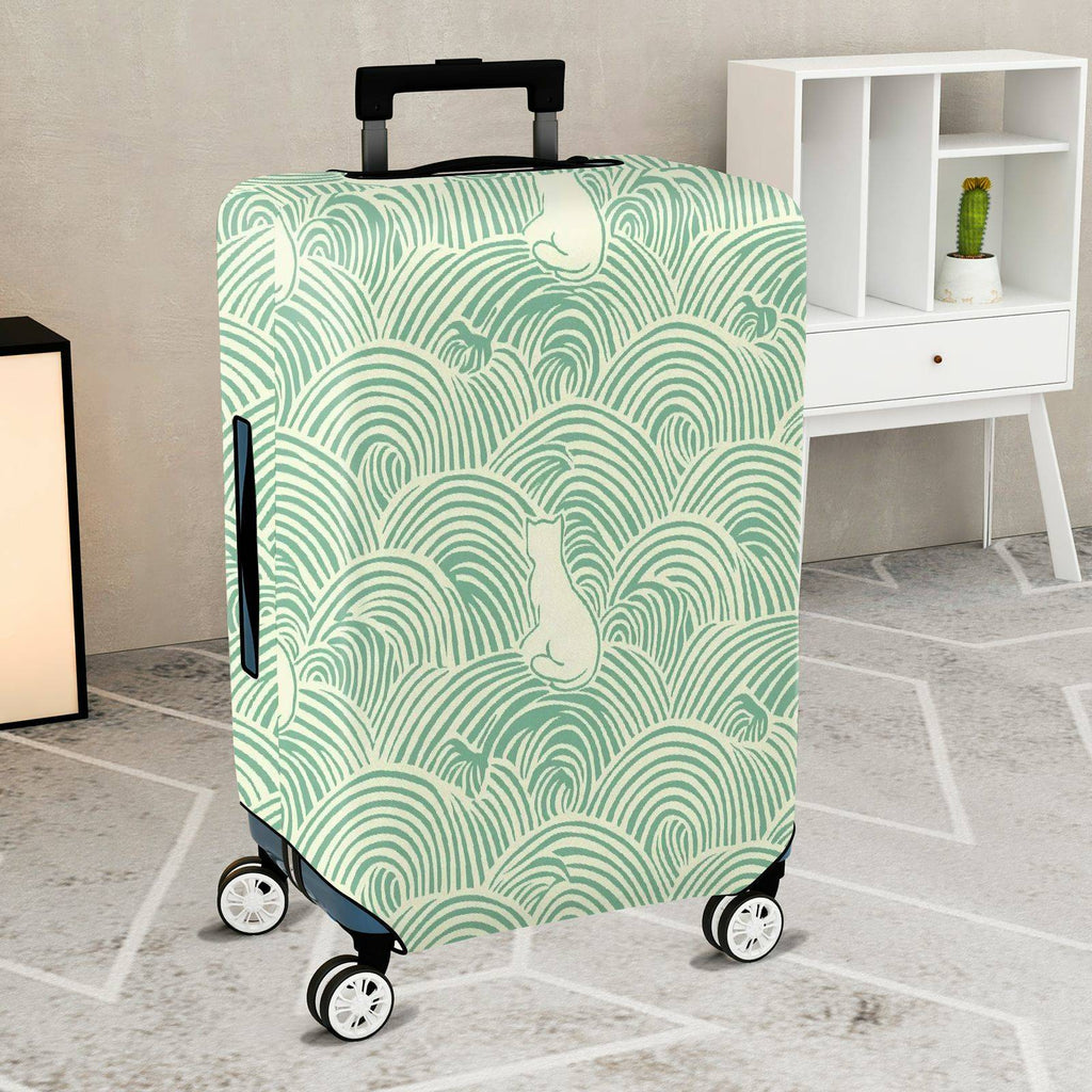 1-Piece Wave Cat Pattern Green Minimalist Artistic Cute Elegant  Suitcase Luggage Cover, Stretch Protective Sleeve