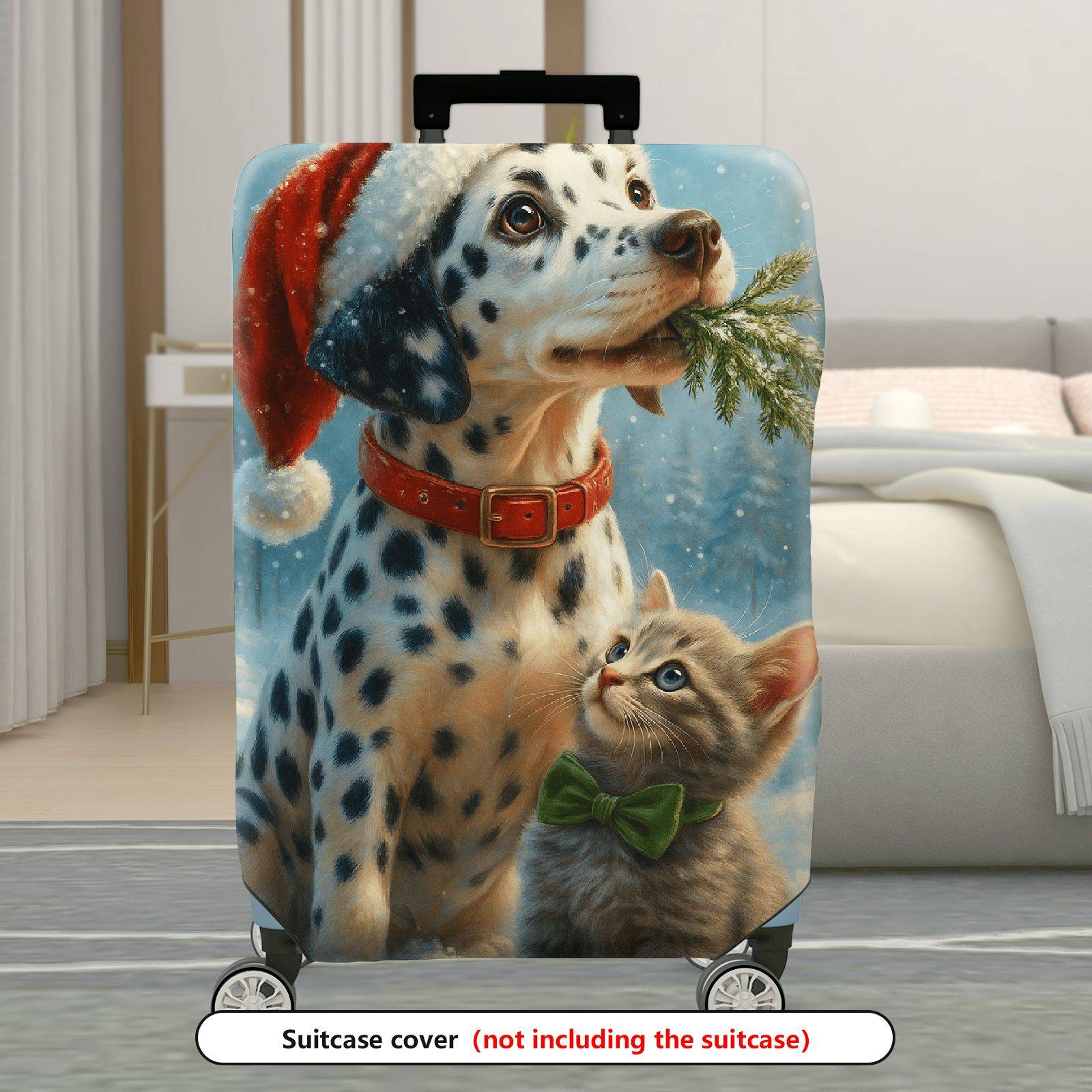 1-Piece Dalmatian Winter Cat Christmas Holiday Animal  Suitcase Luggage Cover, Stretch Protective Sleeve
